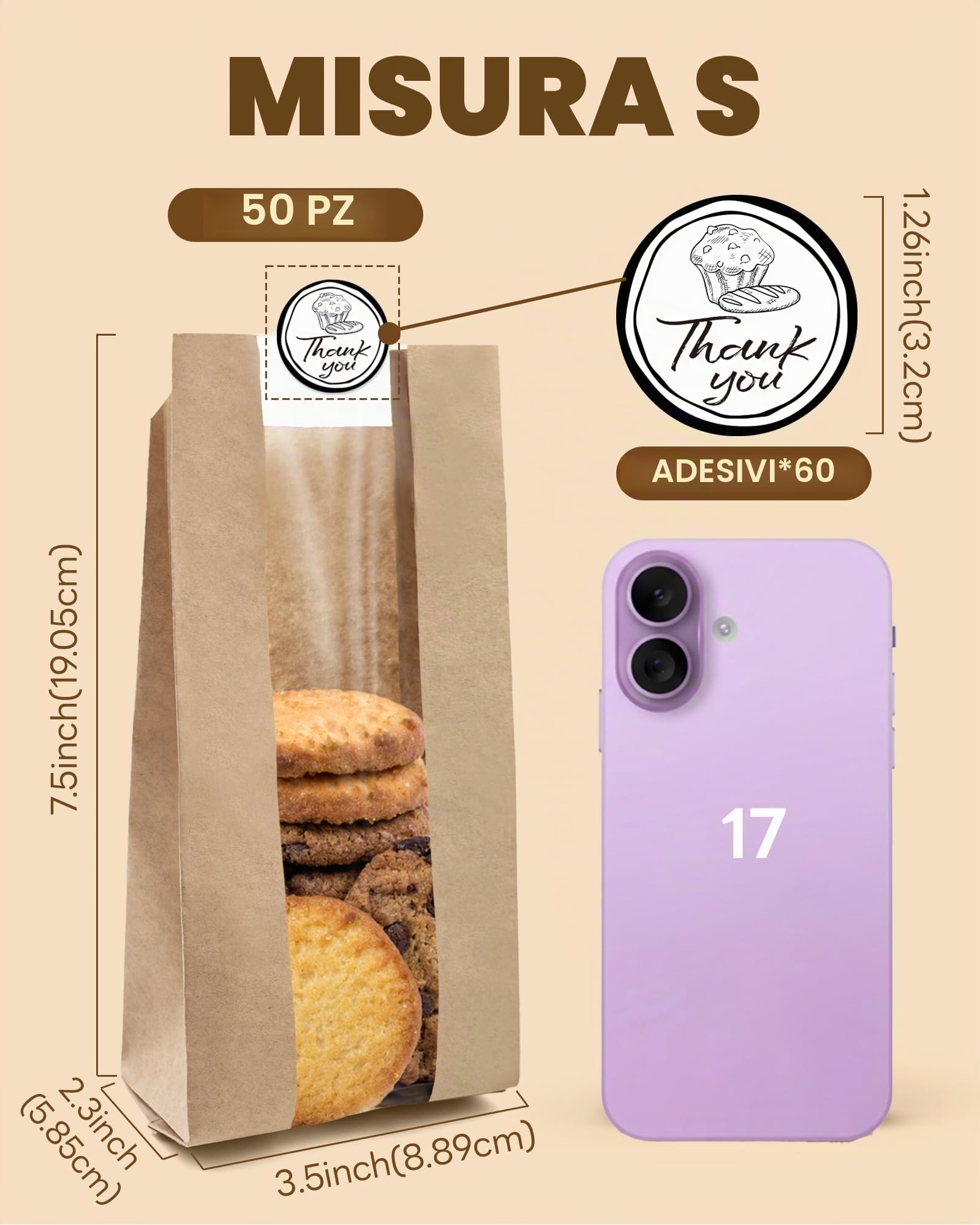 Sacchetti di Carta per Alimenti 50 Pezzi con Sigillo e Finestra, Kraft per Pane Dolci Torte, 8,89 x 5,85 x 19,05 cm