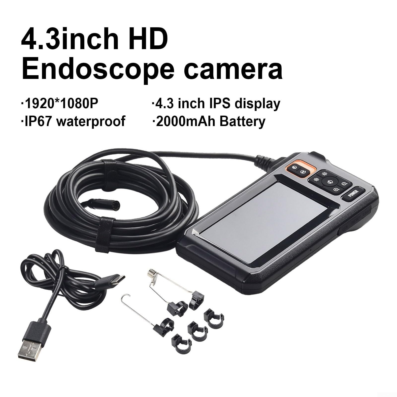Cámara industrial 1080P 4.3 pulgadas HD pantalla endoscopio cámara endoscopio 8 mm sonda IP67 resistente al agua con LED Borescopio para la inspección del coche 5 m cable semirrígido HD cámara de