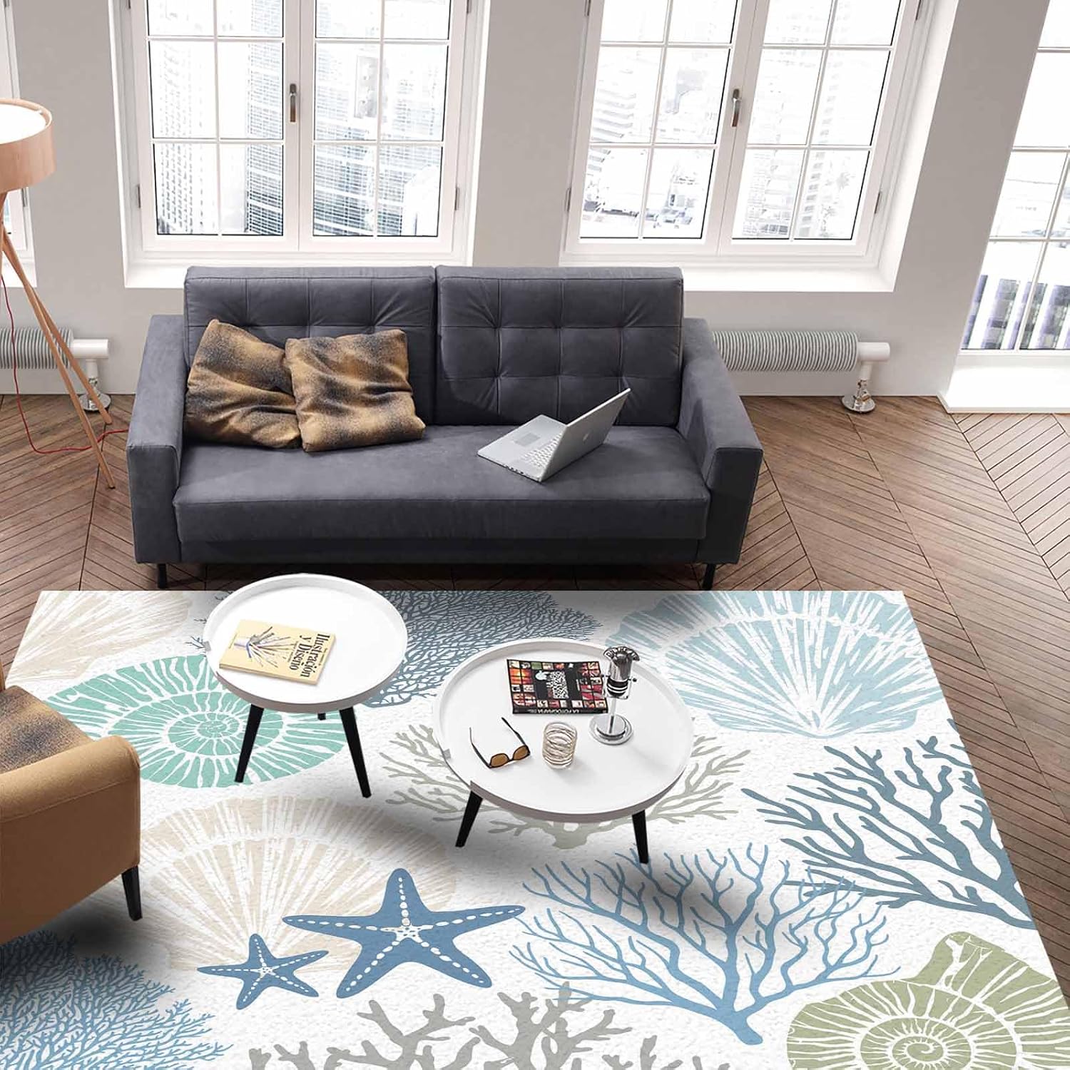 Blue Coral Area Rug for Living Room, Coastal Ocean Nautical Rectangular Indoor Carpet - 2'7" x 5', Summer Starfish Shells Marine Themed Non-Skid Bathroom Mat Kitchen Runner Rugs for Bedroom