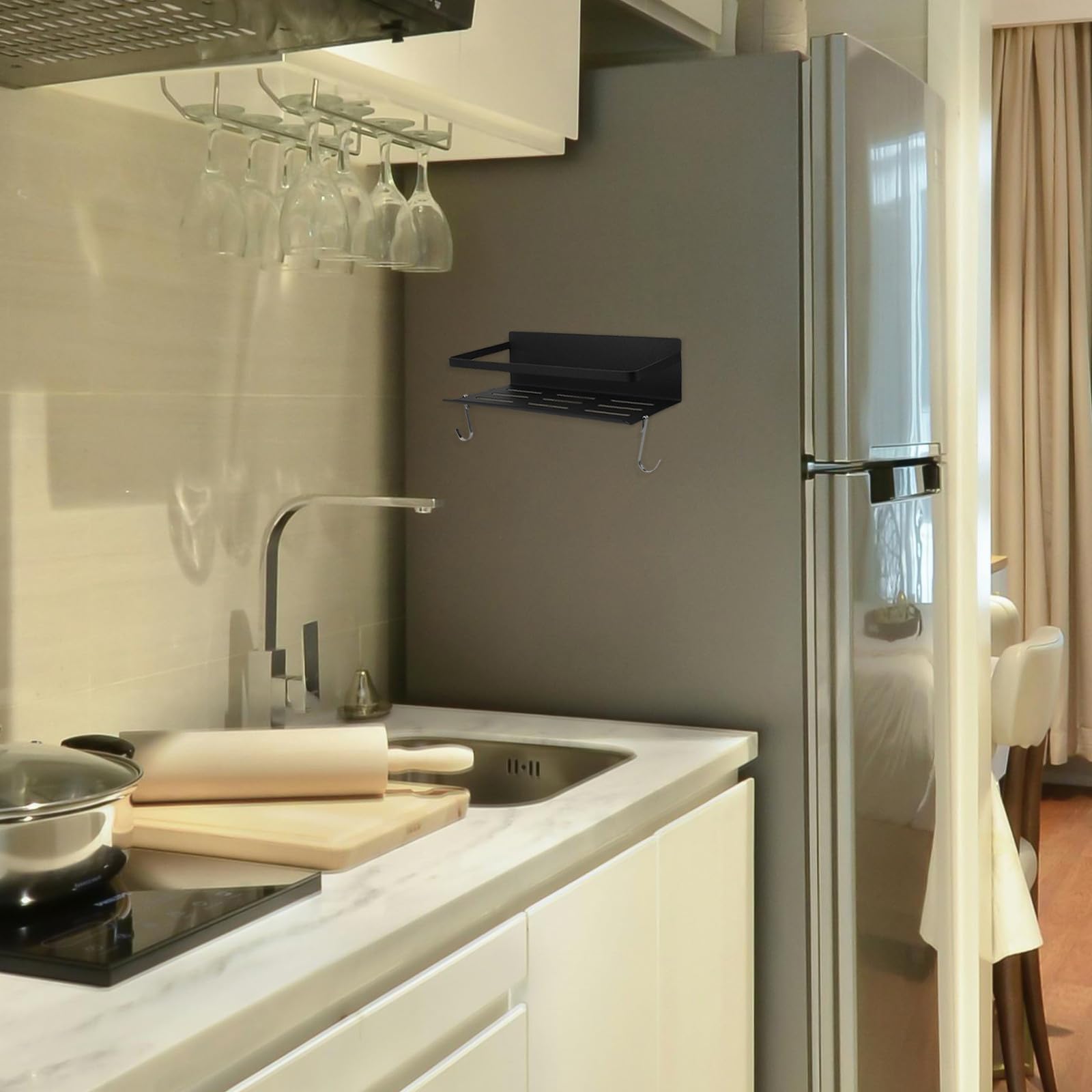 UKCOCO Mensola Magnetica Portaoggetti per Frigorifero in Ferro Bianco con Ganci, Organizer Cucina senza Danni alla Parete per Bagno e Cucina