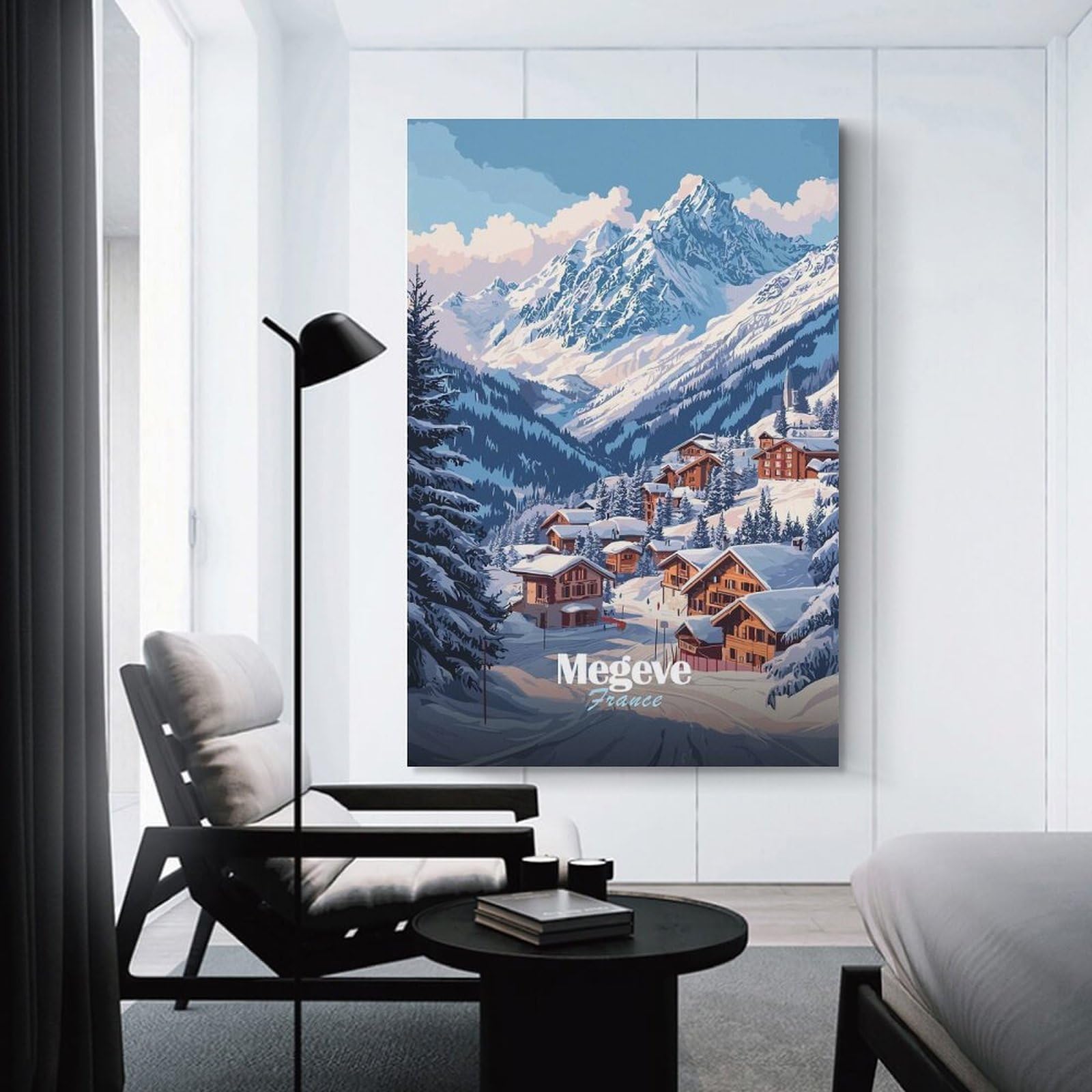 Junmoney Megeve, France Winter Landscape Decorative Wall Artwork 24x36inch(60x90cm), for Living Room, Bedroom, Office Or Hallway, Decorative Artwork with Broad Appeal