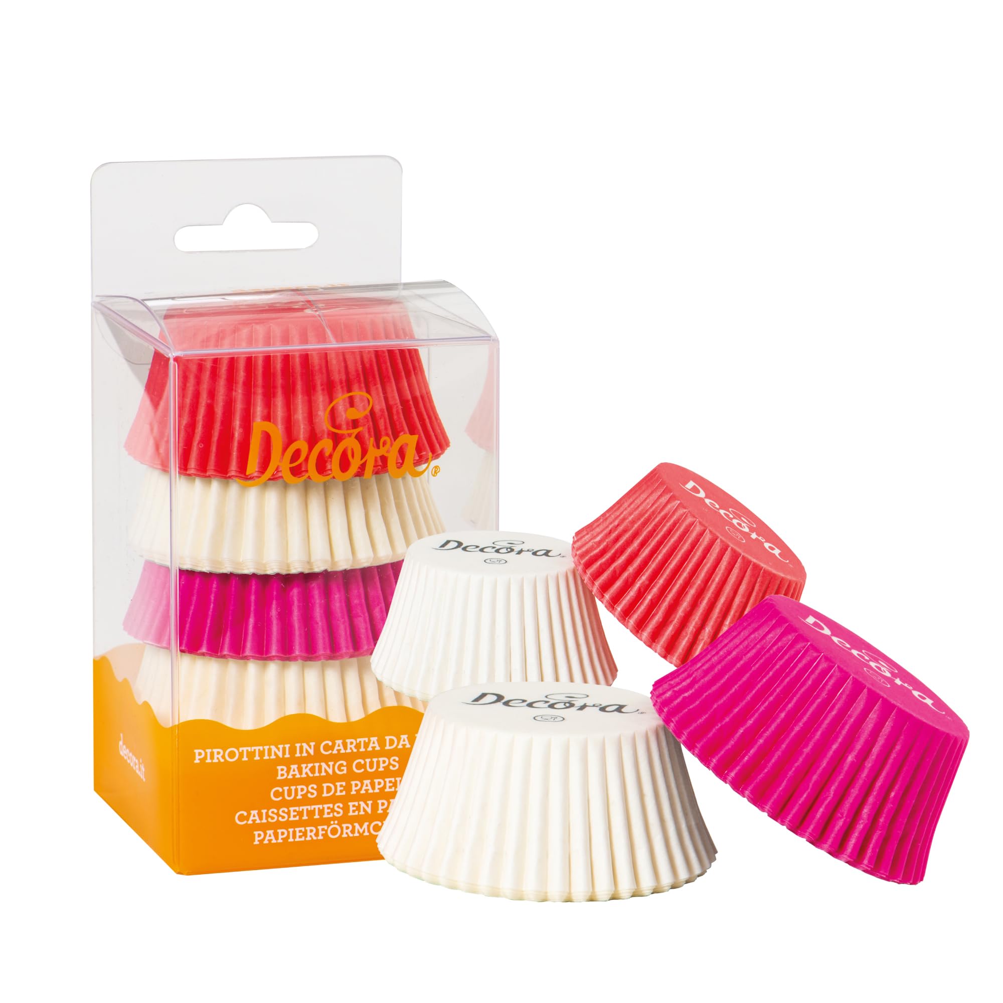 DECORA, 0339745 Pirottini Bianco Rosa Fucsia, Comodissimi Pirottini per Cuocere, Presentare e Regalare Muffin, Resistono fino a 220°, In comodo Blister