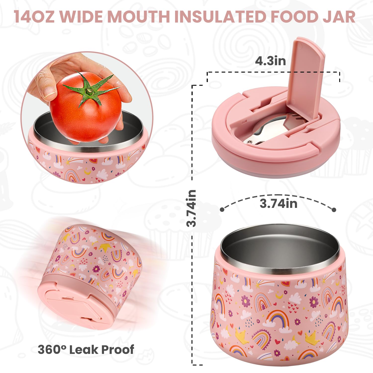 Itslife Termo para Comida 420ml, Recipiente Térmico para Comida con Cuchara, Acero Inoxidable Fiambrera Termica Infantil y Adultos, Contenedor Térmico para Picnic, Escuela y Oficina, Arco iris
