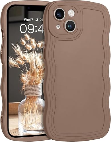 YINLAI Funda diseñada para iPhone 13, funda protectora de goma de gel de silicona suave marrón, bonita forma de marco de onda rizada, delgada, de