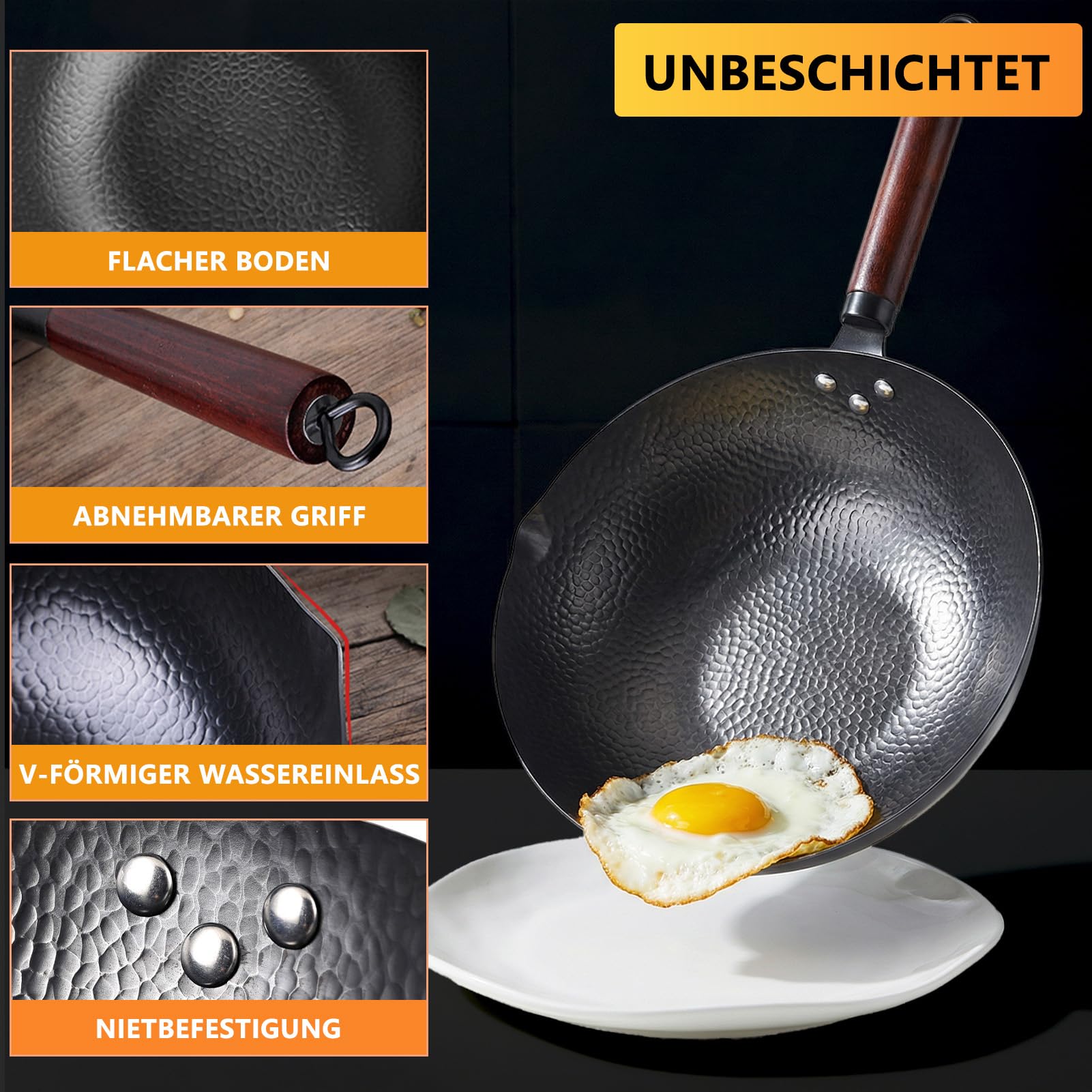 Wok mit Deckel 32cm Gusseisen Wokpfannen: Wok für Alle Herdarten Geschmiedet Eisenpfanne Keine Chemische Beschichtung Rostfrei und Leicht Reinigen