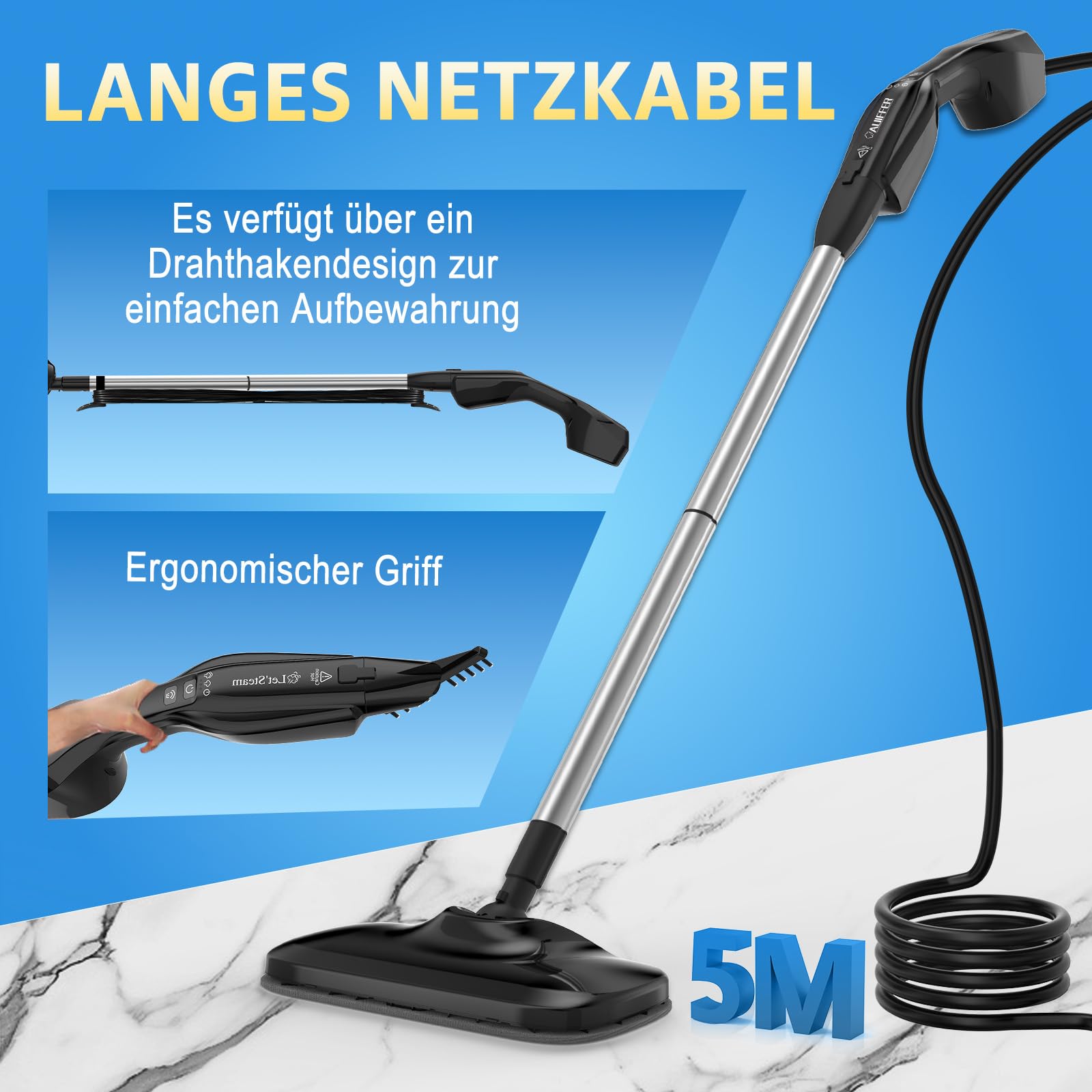 Scopa a Vapore Lavapavimenti, Steam Mop Multiuso 17-in-1 con Pad in Microfibra/Ruvido, 2 Livelli di Vapore, Ruotabile/Rimovibile, Disinfetta/Rimuove lo Sporco, Pulitore a Vapore per Tutti i Pavimenti