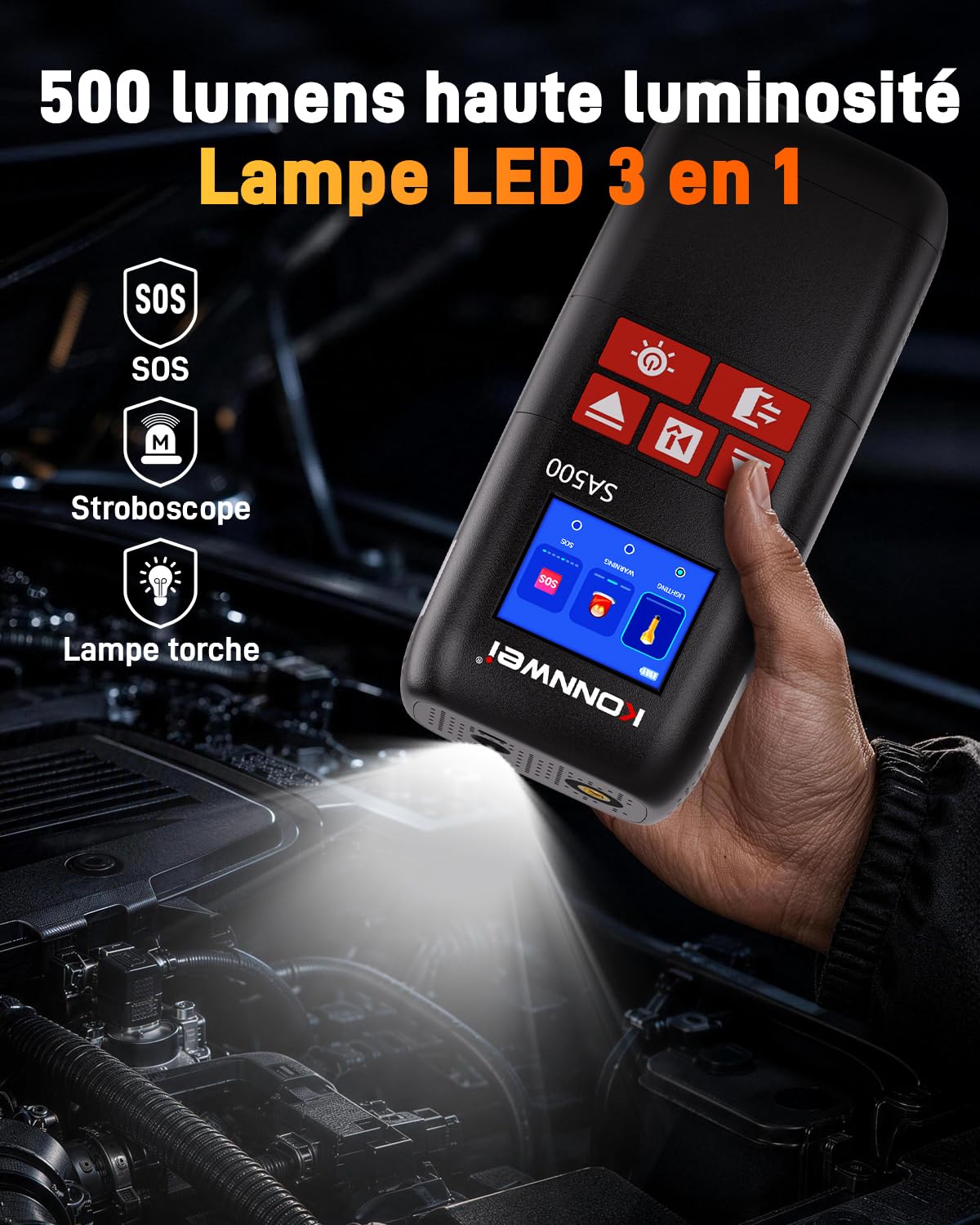 KONNWEI SA500 Booster Batterie Voiture avec Gonfleur, 4-en-1 Démarreur Batterie Voiture, Gonfleur Pneus Voiture 150 PSI avec Compresseur à Air Portatif, pour Essence 8L et Diesel 6L, LED SOS