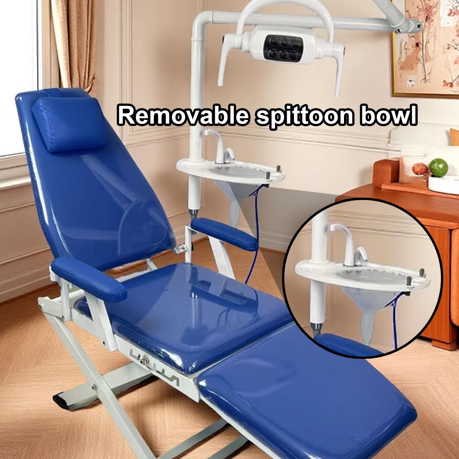 Sedia dentale portatile a LED con vassoio e ciotola rimovibile per spittoon, poggiatesta regolabile per ospedali e saloni di bellezza