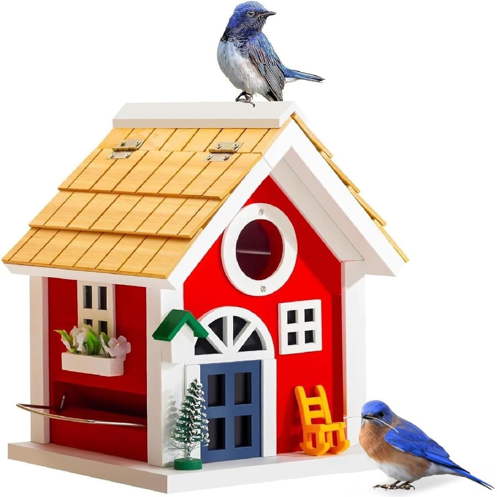 Comedero para Pájaros Colgante, Comedero Pajaros Exterior, Estilo Cabaña Rústica, Tapa Superior Abatible para Rellenar, para Jardín o Balcón