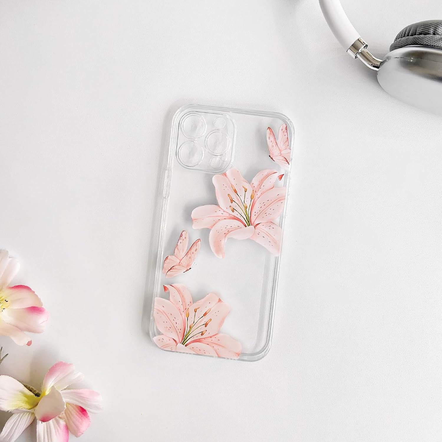 NITITOP Compatible with iPhone 13 Pro Max Case Clear Cute Butterfly Lily Flower Floral Pattern for Women Girls Full Camera Lens Clear Slim Shockproof Protective Phone Cover - Light Pink - Image 5