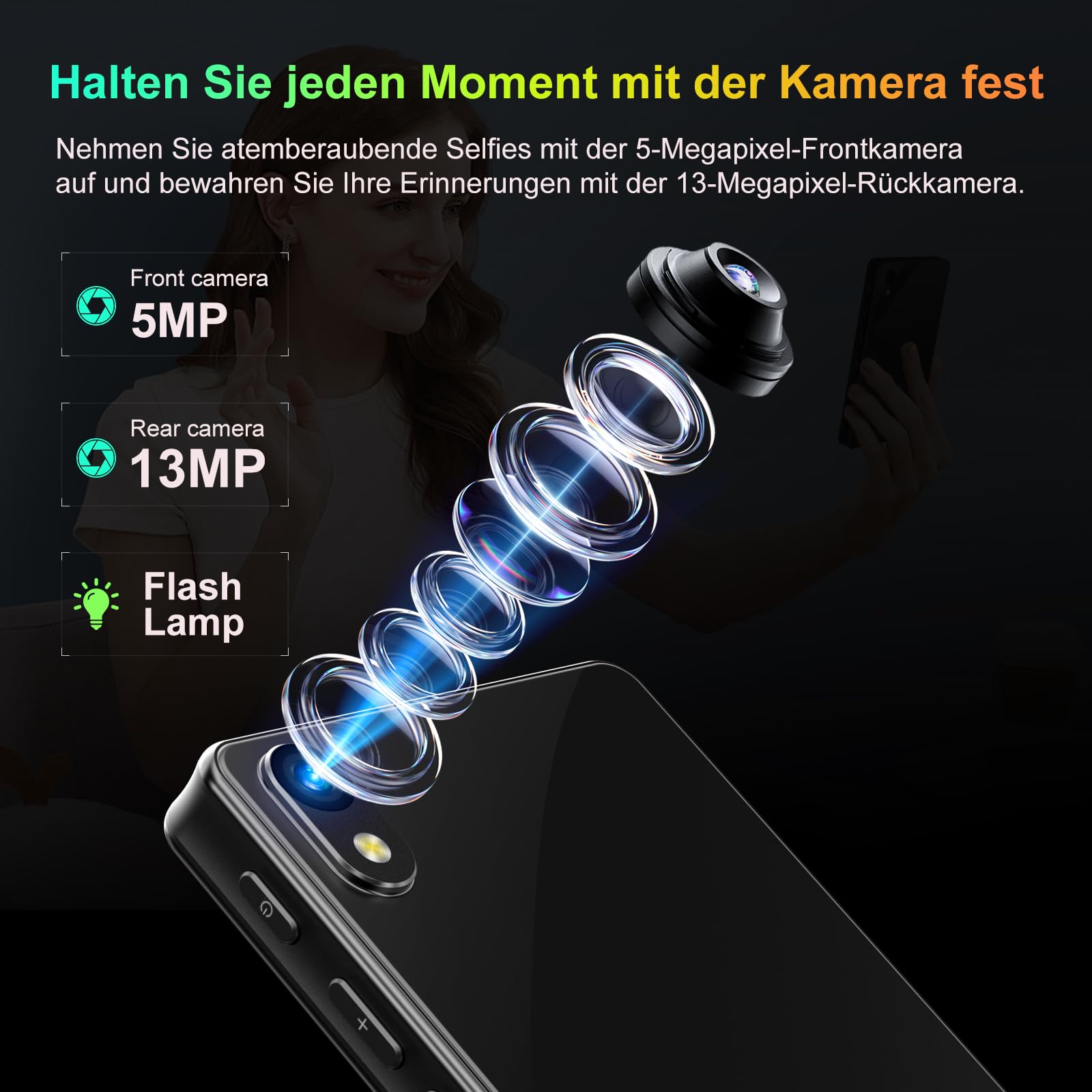 96GB MP3 Player with Bluetooth, WLAN, Camera 4.02 Inch Touchscreen | Android 13 MP3 player mit spotify, 2000 mAh, Lautsprecher, Deezer, Audible, Play Store, bis 1TB erweiterbar, Black