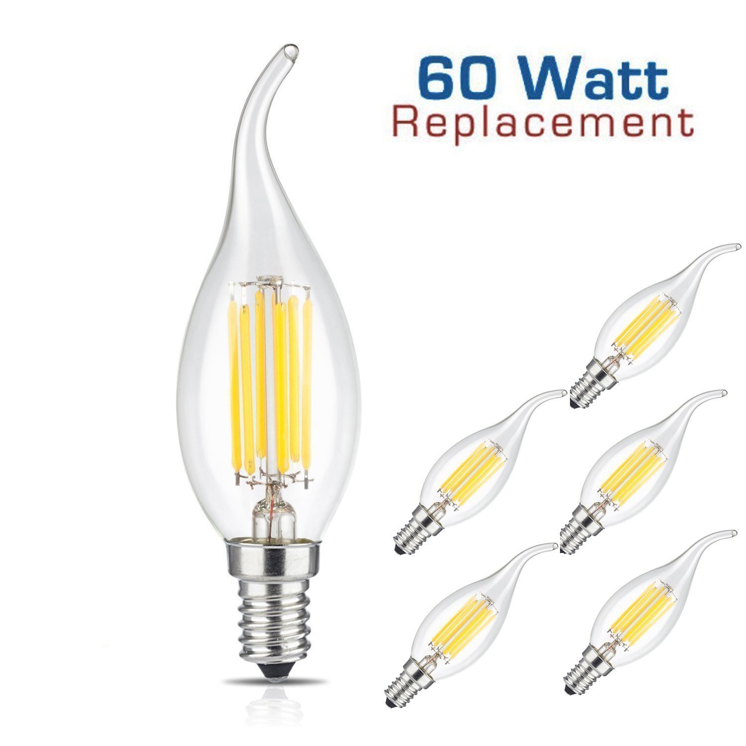 Ampoule à bougies LED Filament, 6W Vintage Antique Edison C35 E14 Forme à la flamme Bent Pointe Ampoule en verre transparent,60W Incandescent Equivalent,Blanc Chaud 2700K [Pack 9]