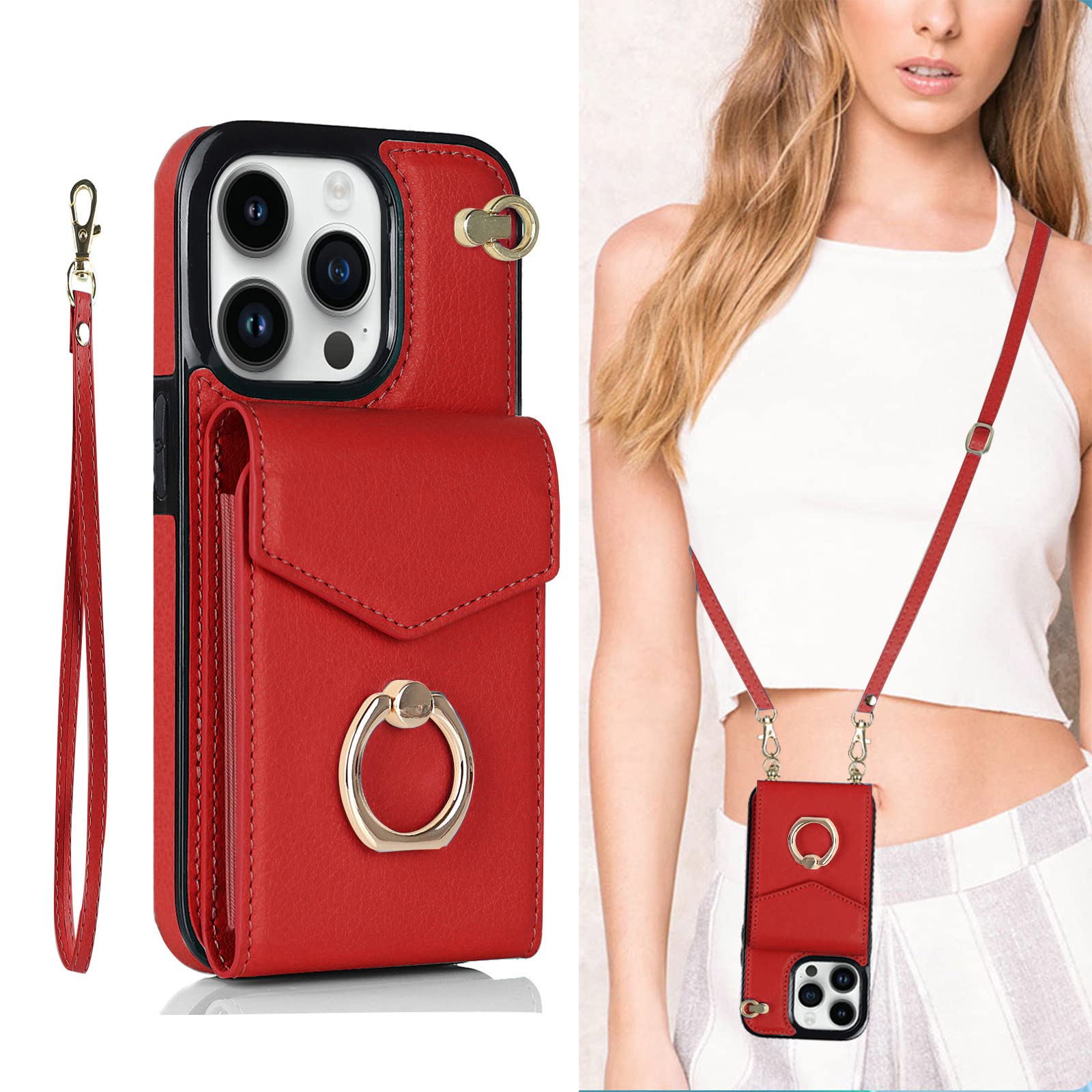 SINQERISHT Crossbody Wallet Phone Case for Apple iPhone 14 Plus Leather Case with Credit Card Holder & 360° Ring Kickstand & Wrist Strap Purse Cover