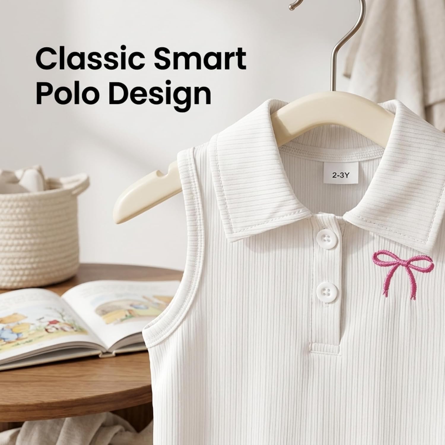 Girls 2-Piece Set – Sleeveless Ribbed Collared Top & Hot Pink Pleated Corduroy Skirt with Bow Detail for Summer Playtime