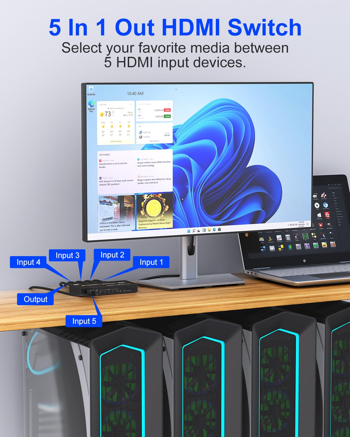 8K HDMI 2.1 Switch - 5 in 1 Out HDMI Switch 8K@60Hz 4K@120Hz mit Fernbedienung, Unterstützt 3D/HDR/HDCP 2.3, Kompatibel mit PS5/4/3, Xbox, DVD-Player, TV und PC 5 Port 4K 120Hz HDMl Splitter