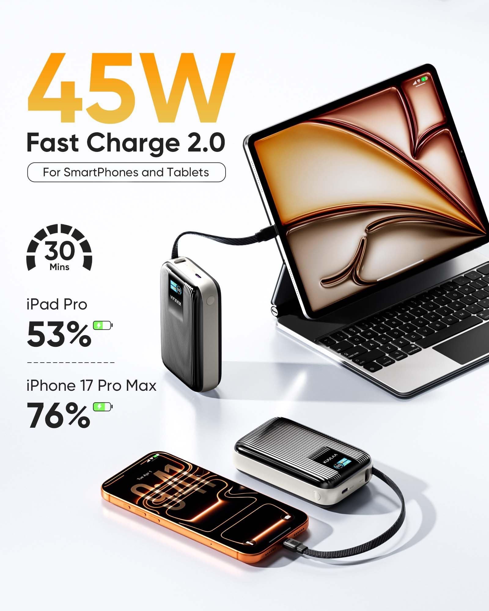 Kuulaa Batterie Externe 45W 20000mAh avec USB-C Câble Intégré, Power Bank Charge Rapide avec Affichage TFT Chargeur Portable Compatible avec iPhone Galaxy MacBook iPad Voyage