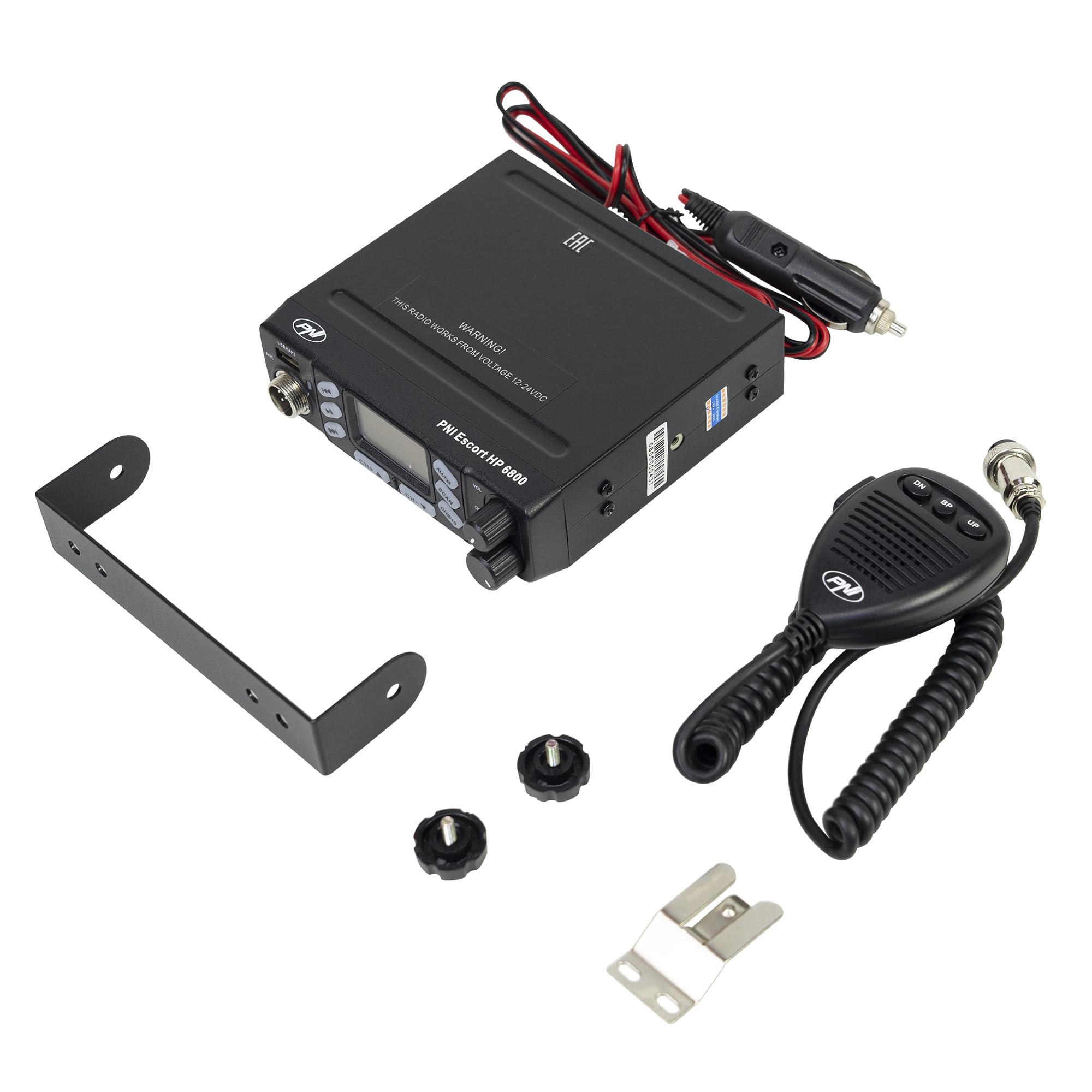 Emettitore radio CB PNI Escort 6800 ASQ, 12/24 V, lettore MP3, connettore USB, 4 W, Am-FM, spina per accendisigari inclusa