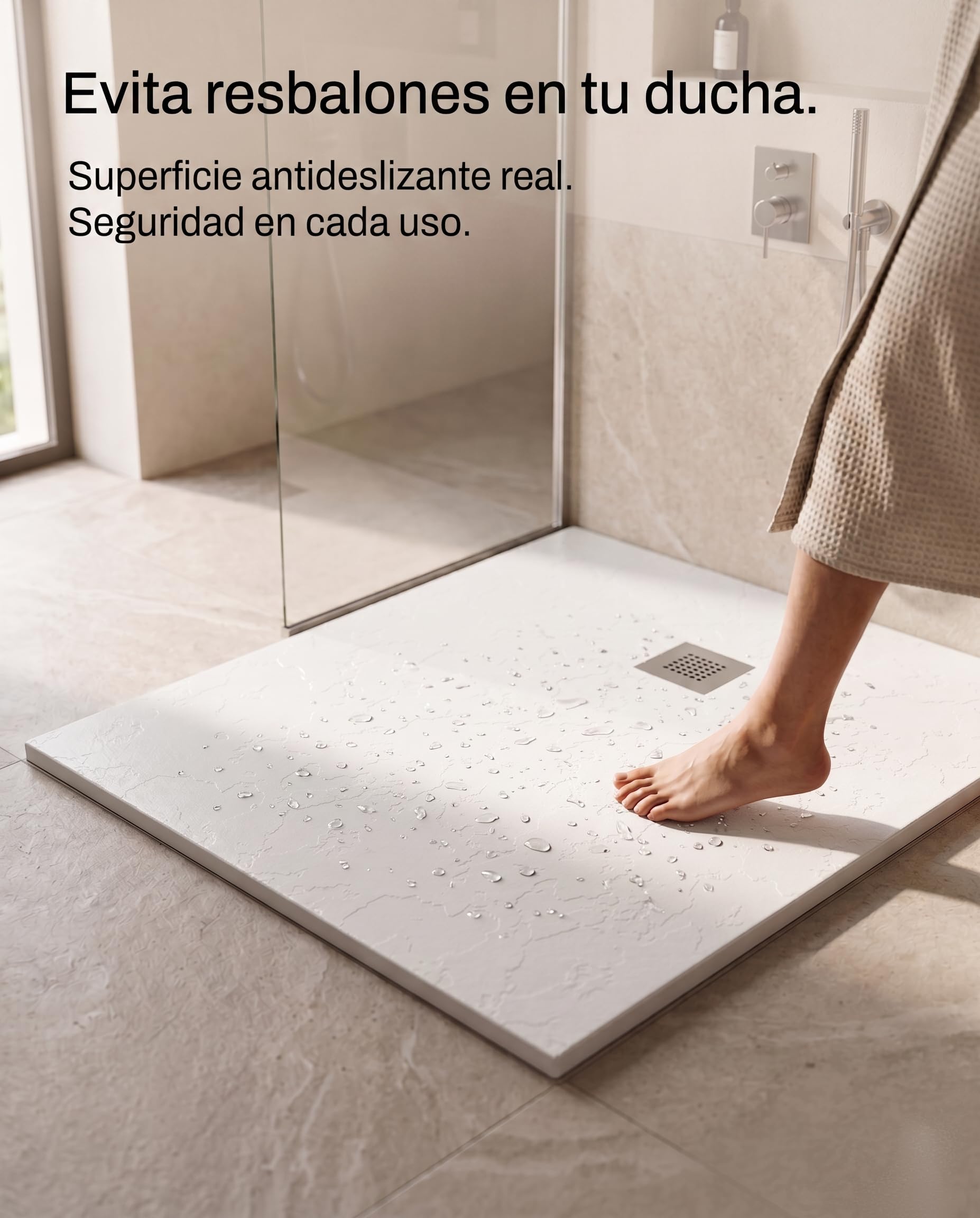 Plato de Ducha de Modelo Roma II – Plato Ducha Resina con Textura Pizarra - Antideslizante y Antibacteriano – Blanco (RAL 9003) 70x180 cm – Incluye Válvula Desagüe y Rejilla
