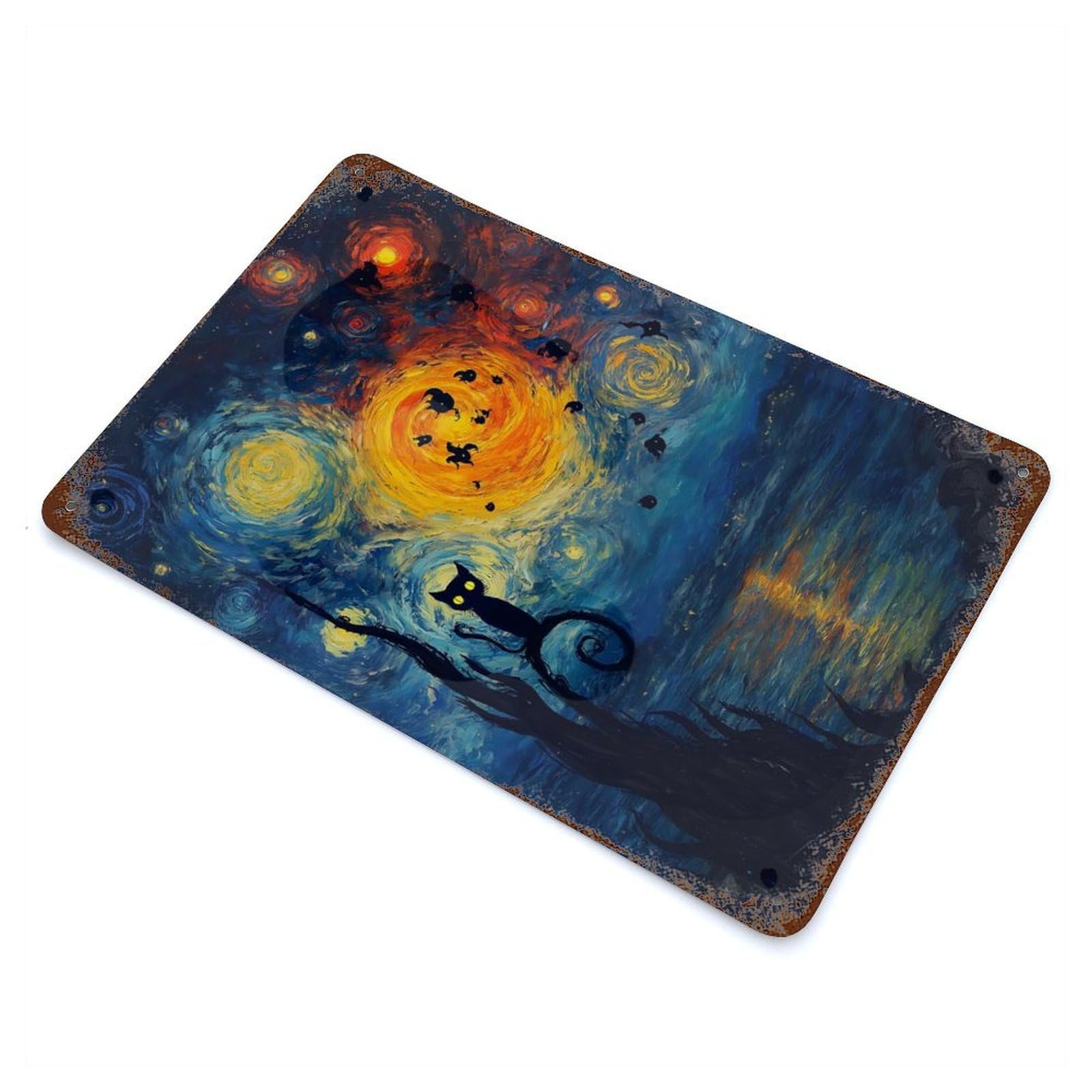 Starry Night Cat Silhouette Vintage Rust Metal Sign 11.8"x7.9", Ideal for Basement, Hobby Room And Garage Decor