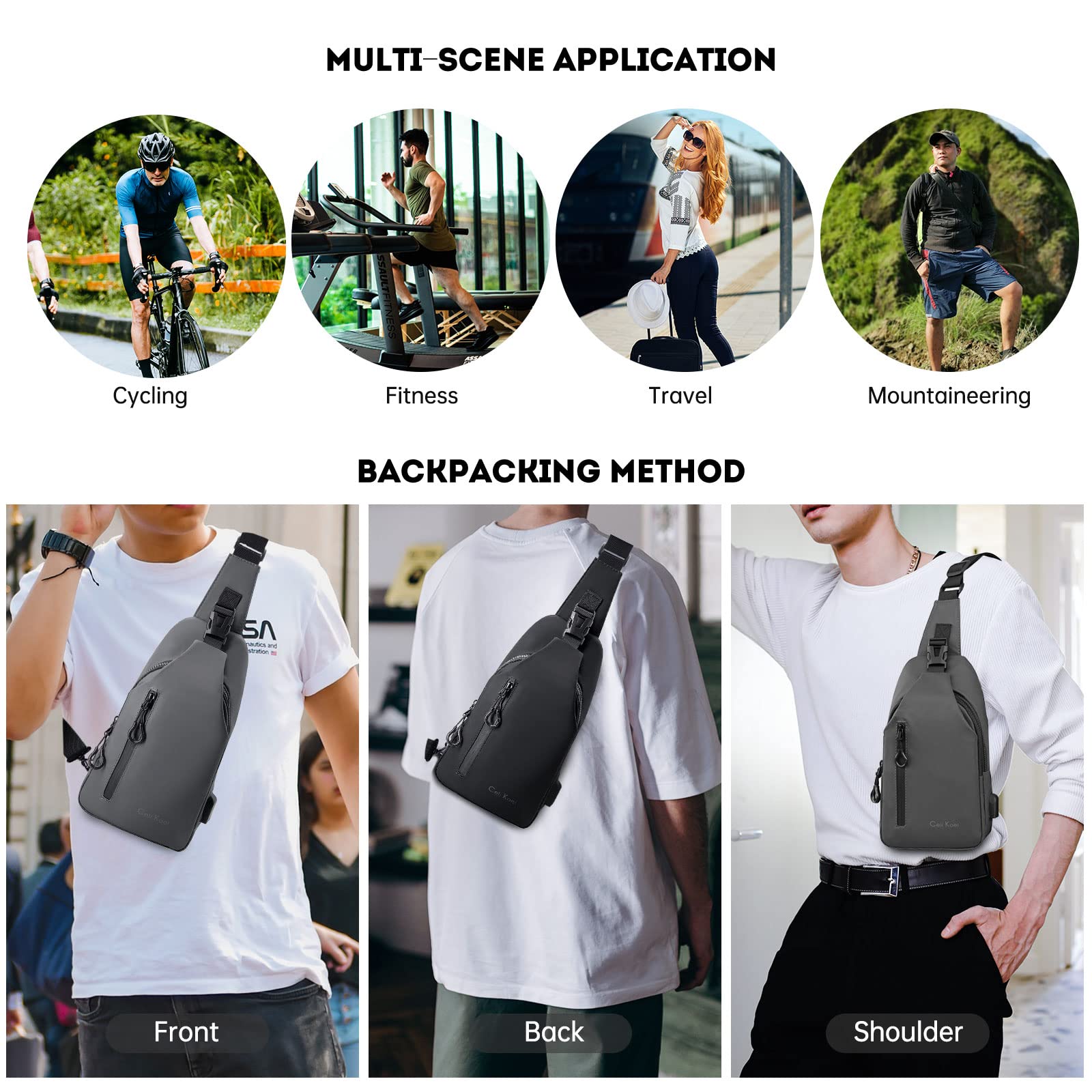 Long Keeper Zaino Monospalla Piccolo - Leggero Borsa a Tracolla Sling Bag Marsupio Tracolla Uomo Donna Con porta di ricarica USB
