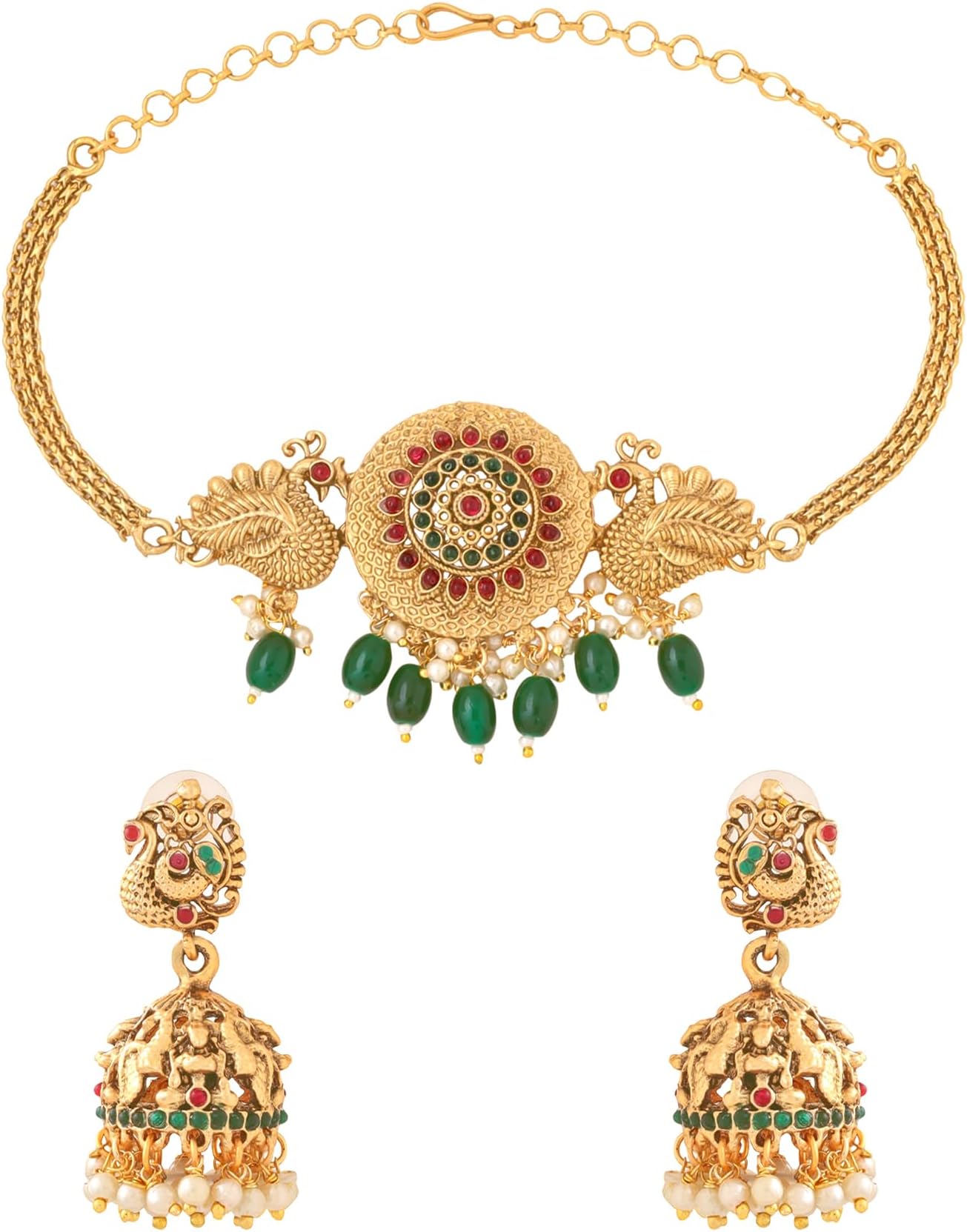 Jewellery Set for Women Gold Plated Green Beads Drop Peacock Designed Bridal Choker Necklace Set for Women and Girls