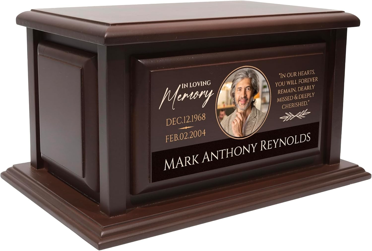 Personalized Solid Wood Human Urns for Ashes 250lbs, Custom Urn Box for Human Ashes, Large Burial and Cremation Urns for Ashes, Walnut Wood Color (Design 4)