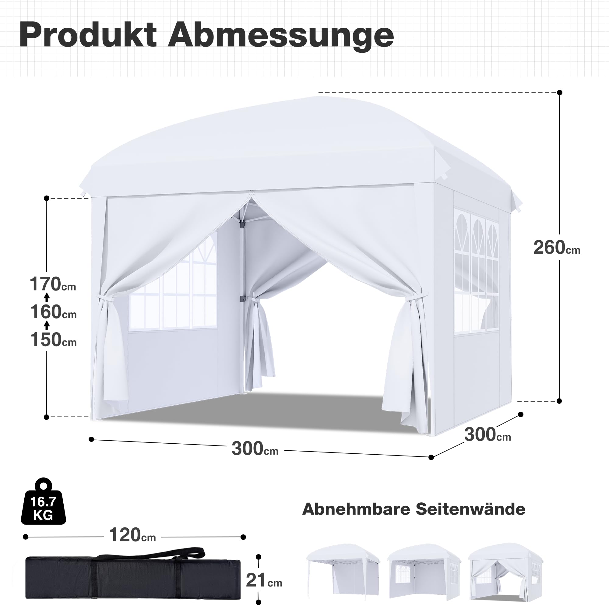 Pavillon 3x3 Faltbar mit Seitenwänden, Faltpavillon Wasserdicht | Pop up Pavillon Stabil Winterfest, Partyzelt mit 4 Gewichte Höheverstellbar, UV Schutz, für Camping Party Garten, Weiß
