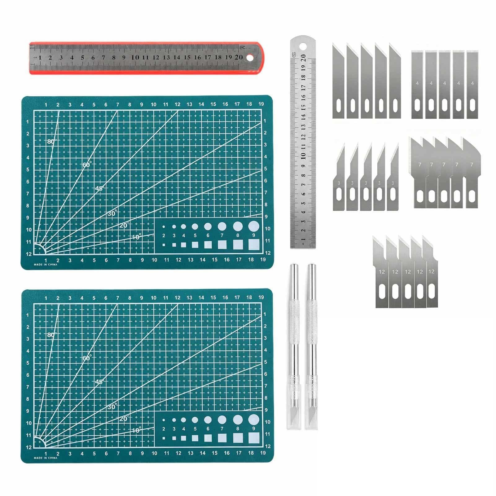 2PCS A4 Self Healing Cutting Mat Set with 2 Metal Craft Tools, Assorted Craft Accessories and 2 Steel Rulers, Double Sided Green Craft Mat for Sewing Quilting Scrapbooking and DIY Art Work