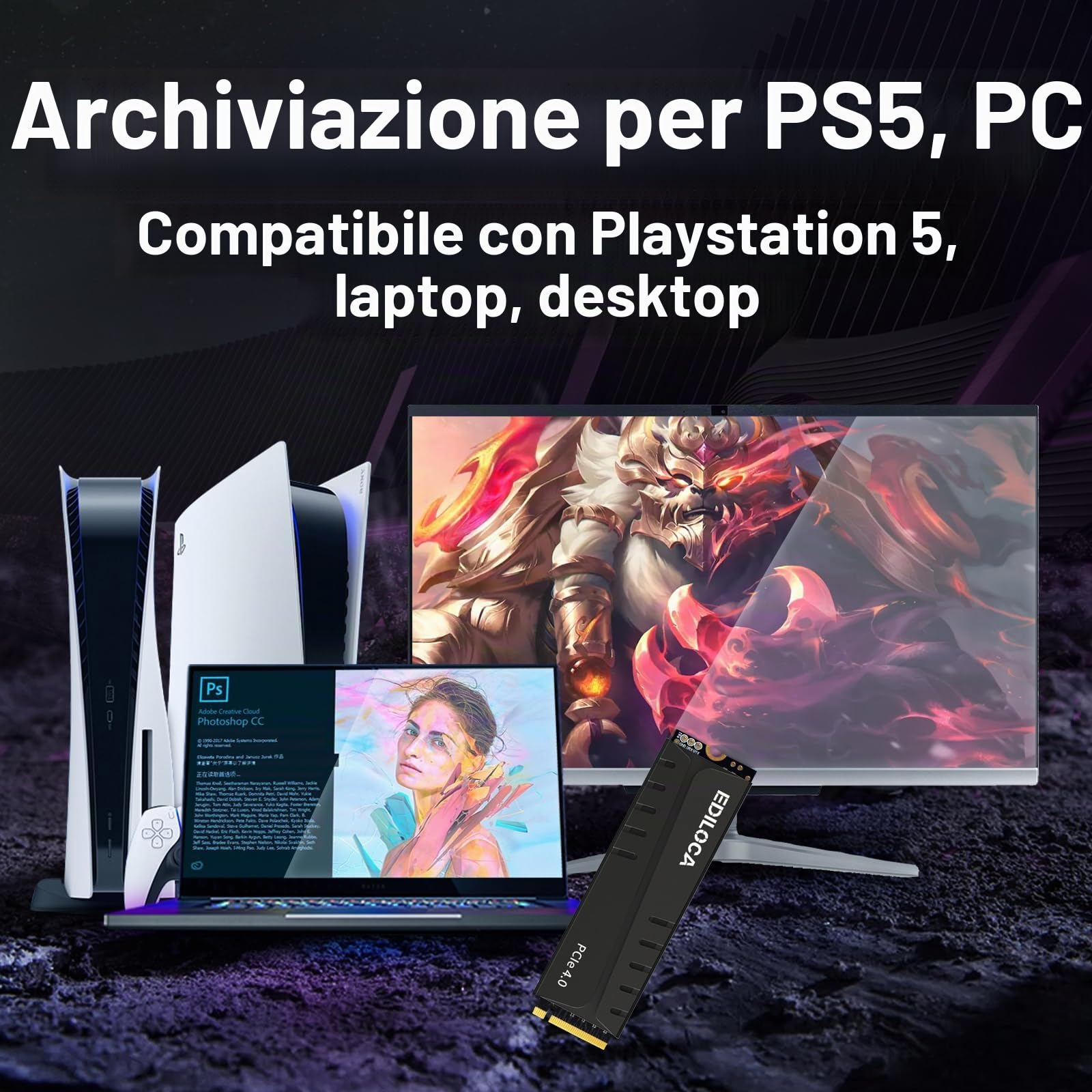 Ediloca EN855 SSD da gioco interno con dissipatore di calore 1 TB PCIe Gen4, NVMe M.2 2280, fino a 7400 MB/s, unità a stato solido, configura cache DRAM, compatibile con PS5 e PC