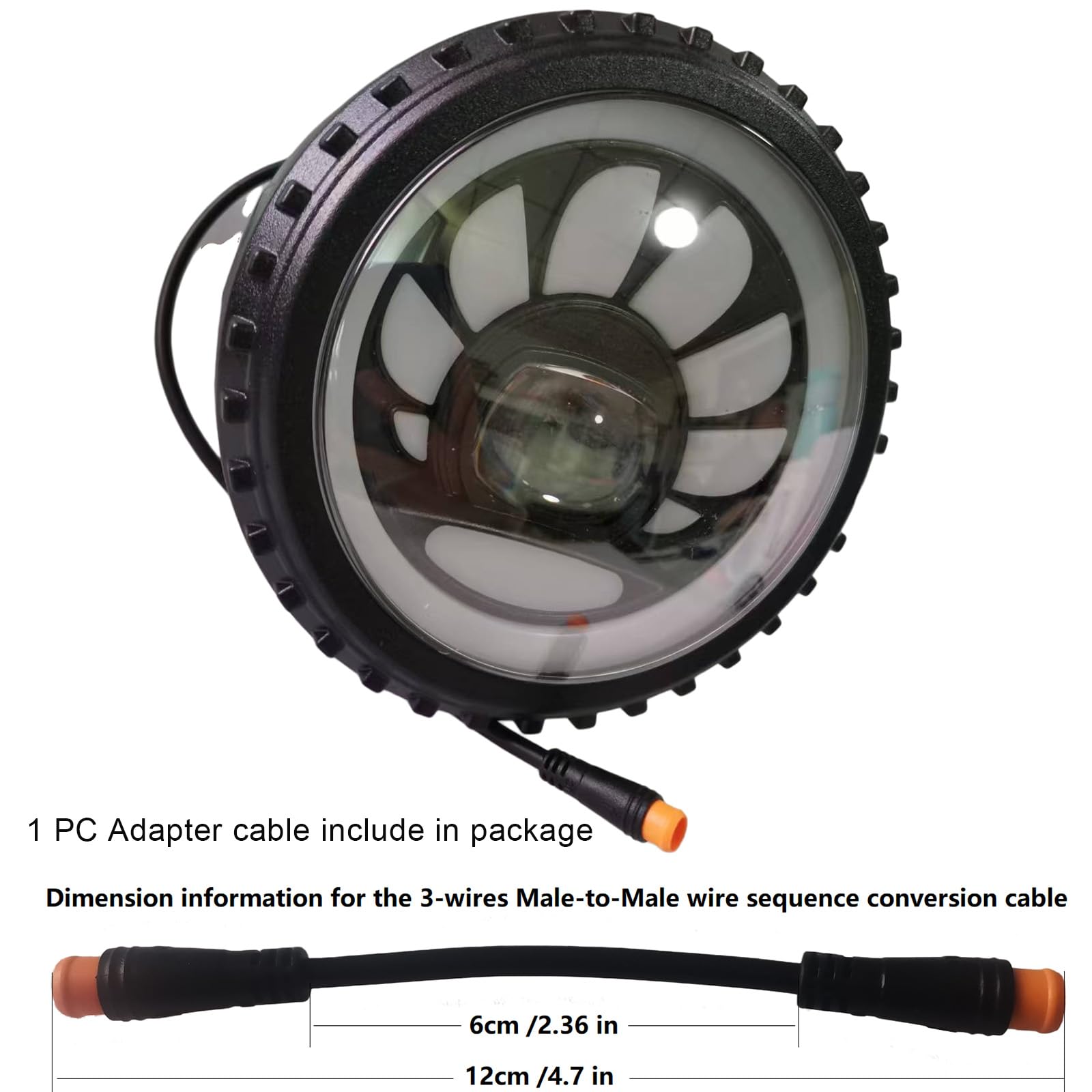 Luci Anteriori per e-Bike con clacson per Bici elettrica con Pneumatici Larghi, connettore a 3 Pin 48-36V, Impermeabile, a LED, Colorate, Faro per Mountain Bike per la Guida nottur