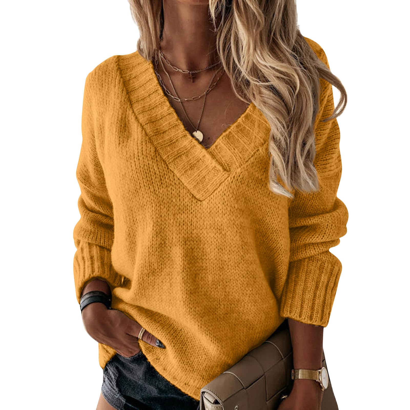 V Neck Oversized Sweaters for Women Trendy Long Sleeve Knit Sweater Loose Plain Pullover Sweater Soft Cozy Winter