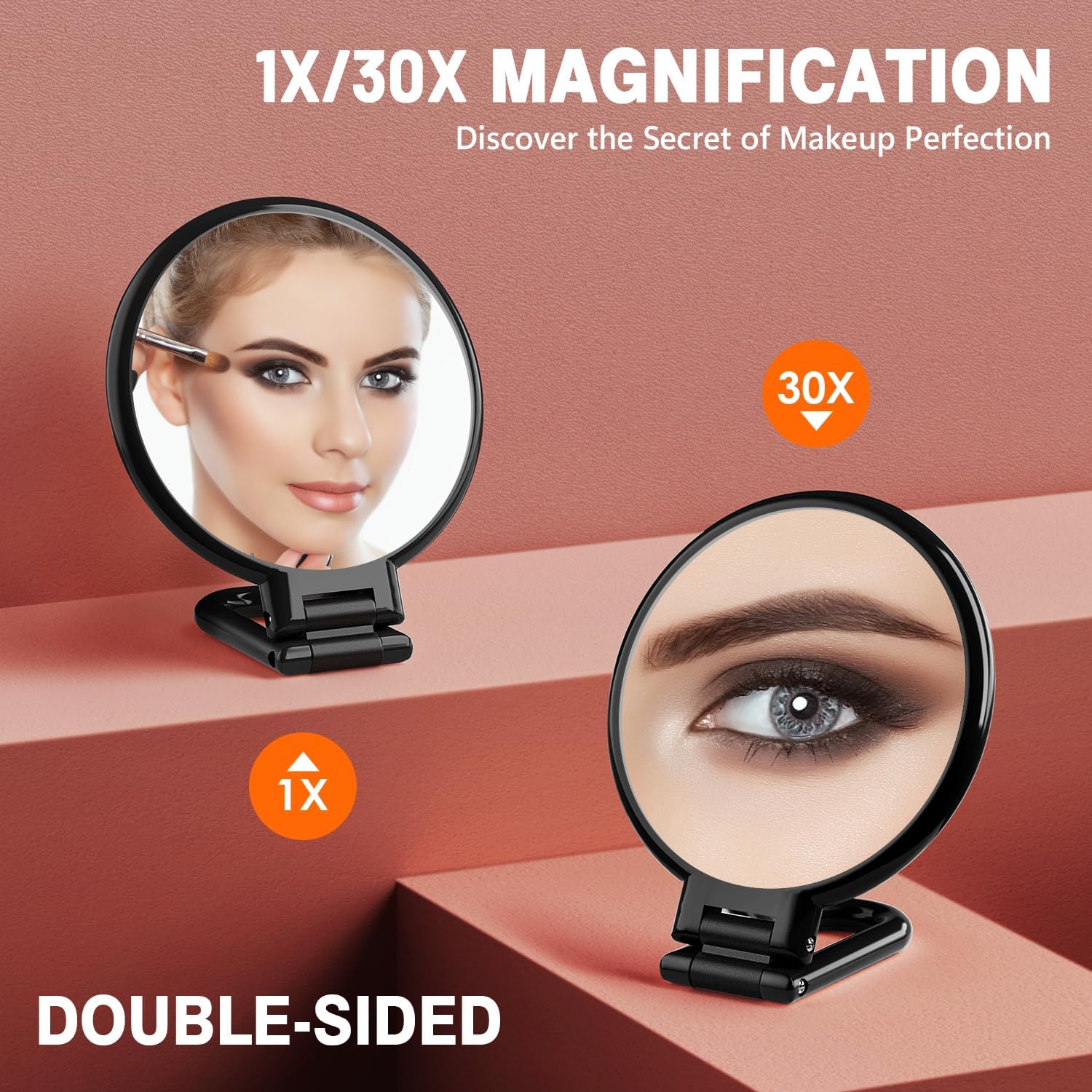 Auxmir Specchio Ingranditore Bifacciale 30X/1X, Specchio a Mano 14CM, Alta Definizione, Portatile, Pieghevole, Appendibile, Specchio Trucco da Viaggio per Trucco, Cura del Viso, Nero