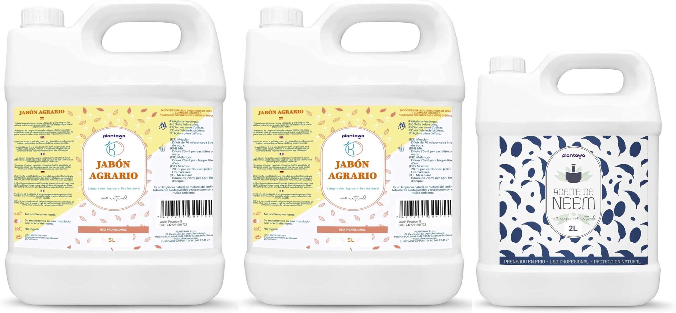 Jabón Potásico 2x5L + Aceite de Neem 2L, 100% Natural Protección Huerto, Sostenible, Alta Concentración, Mosca Blanca, Araña Roja, Pulgón, Cochinilla
