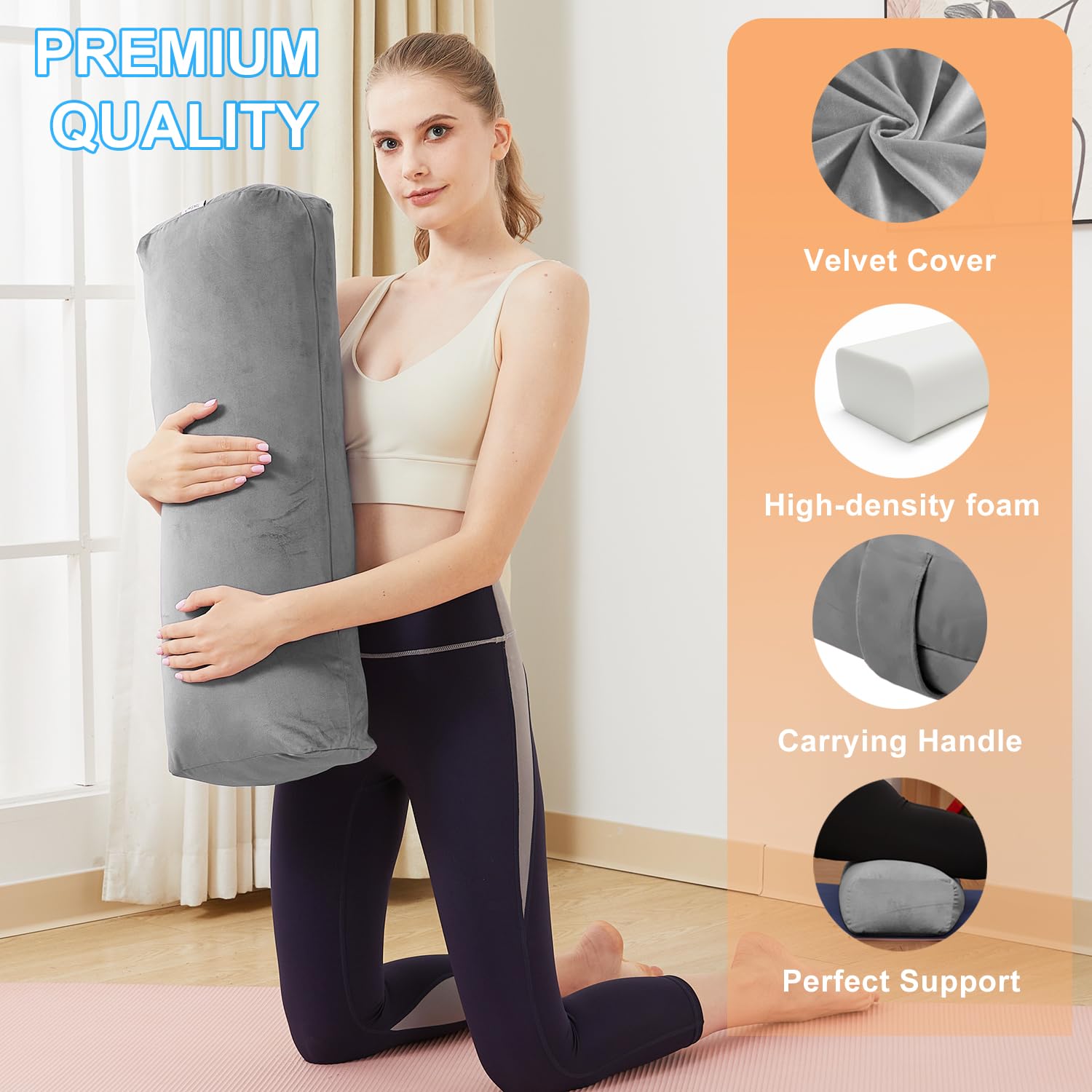 Almohada de yoga para yoga restaurativo, almohada de meditación con funda de terciopelo, rellena de algodón suave (gris)