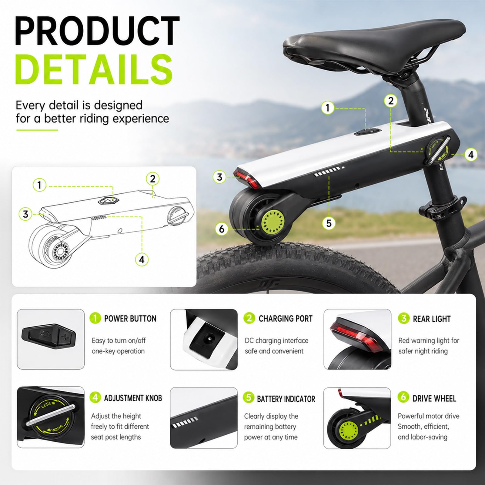 Booster di Assistenza Elettrica per Bicicletta 25 Km/H, Autonomia 50 Km, unità di Trazione Portatile, 4 modalità di Assistenza, per Uso Quotidiano E Tempo Libero