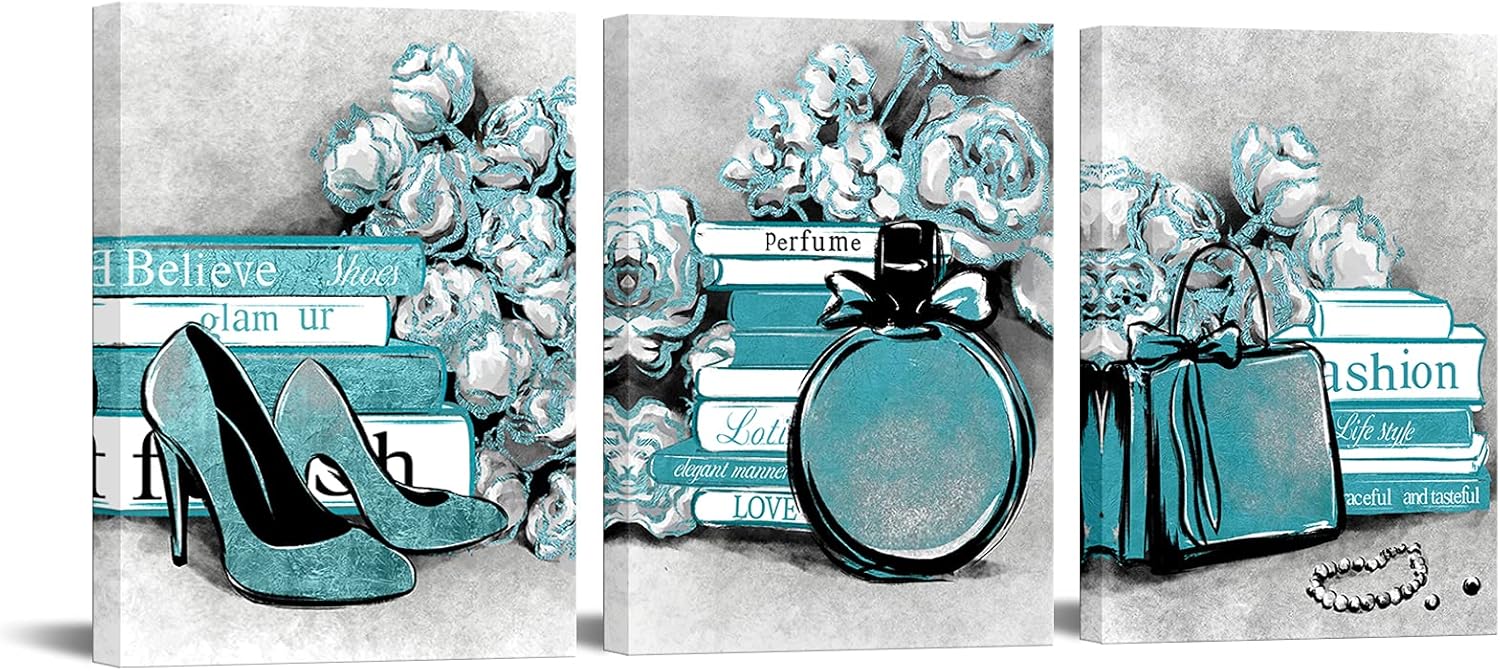 LevvArts 3 Piece Fashion Canvas Wall Art Glam High Heels Perfume Bags with Book Poster Art Painting Prints Framed Modern Teal and Grey Home Bathroom Beauty Room Decorations 12x16inchx3pcs
