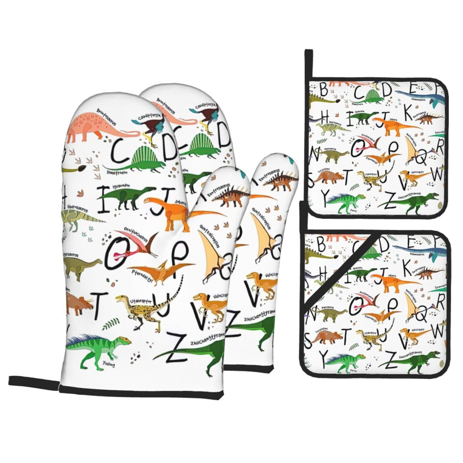 Stylish Learning Alphabets with Dinosaurs Print 4-Piece Oven Microwaving Set Waterproof Kitchen Gloves for Baking Grilling Cooking