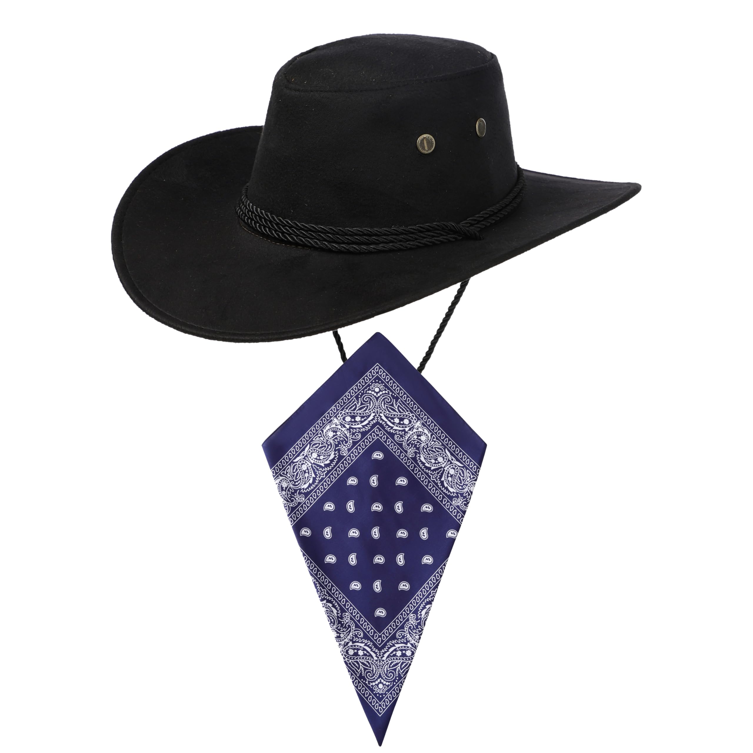 Komonee Black Cowboy Hat and Navy Blue Bandana Western Sun Cap Faux Felt Leather Suede Fancy Dress Party Costume Outfit Neckscarf Sun Protection Mens Womens โ image 1