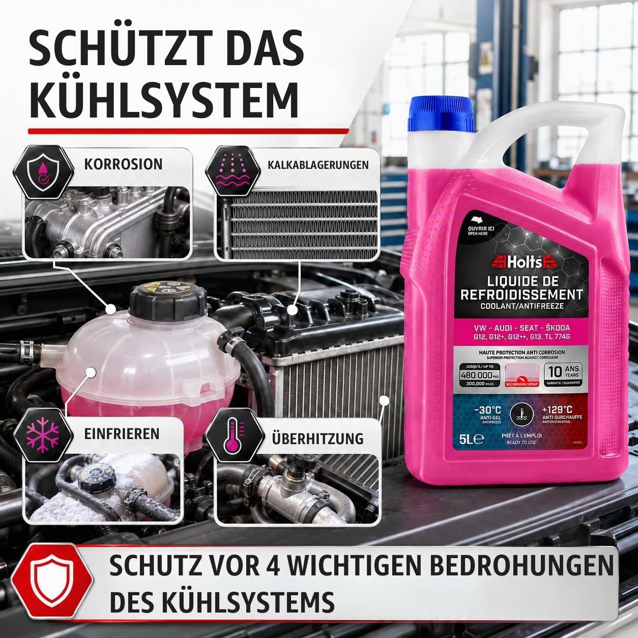 Holts HAFR0006B Kühlerfrostschutz Auto VW-Audi-Seat-Skoda G12, G12+, G12++, G13, G12 EVO 10-Jahre 480k km, Kühlmittel, kühlflüssigkeit Motor Auto -30°C, Rosa, 5 Liter