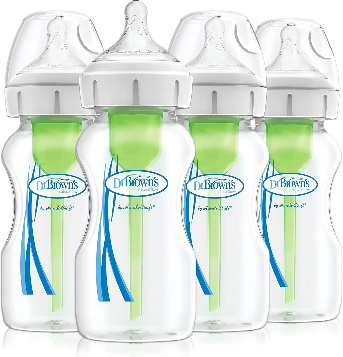 Dr Brown's Natural Flow Anti-Colic Options+ Wide-Neck Baby Bottle, 9oz/270 ml, with Level 1 Teat, Pack of 4