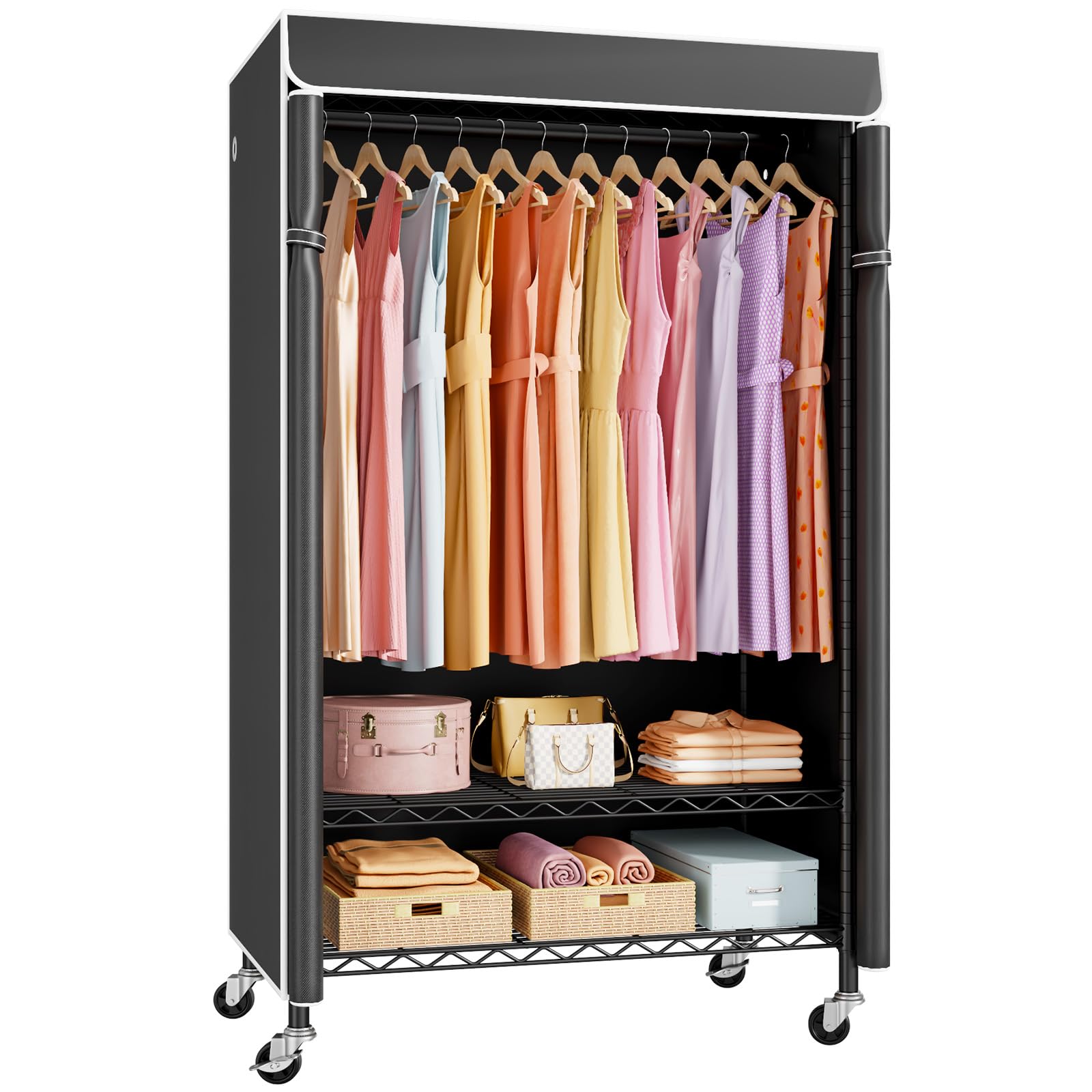 P6C Rolling Clothes Rack with Cover Covered Clothing Racks Heavy Duty Portable Closet for Hanging Clothes Garment Racks