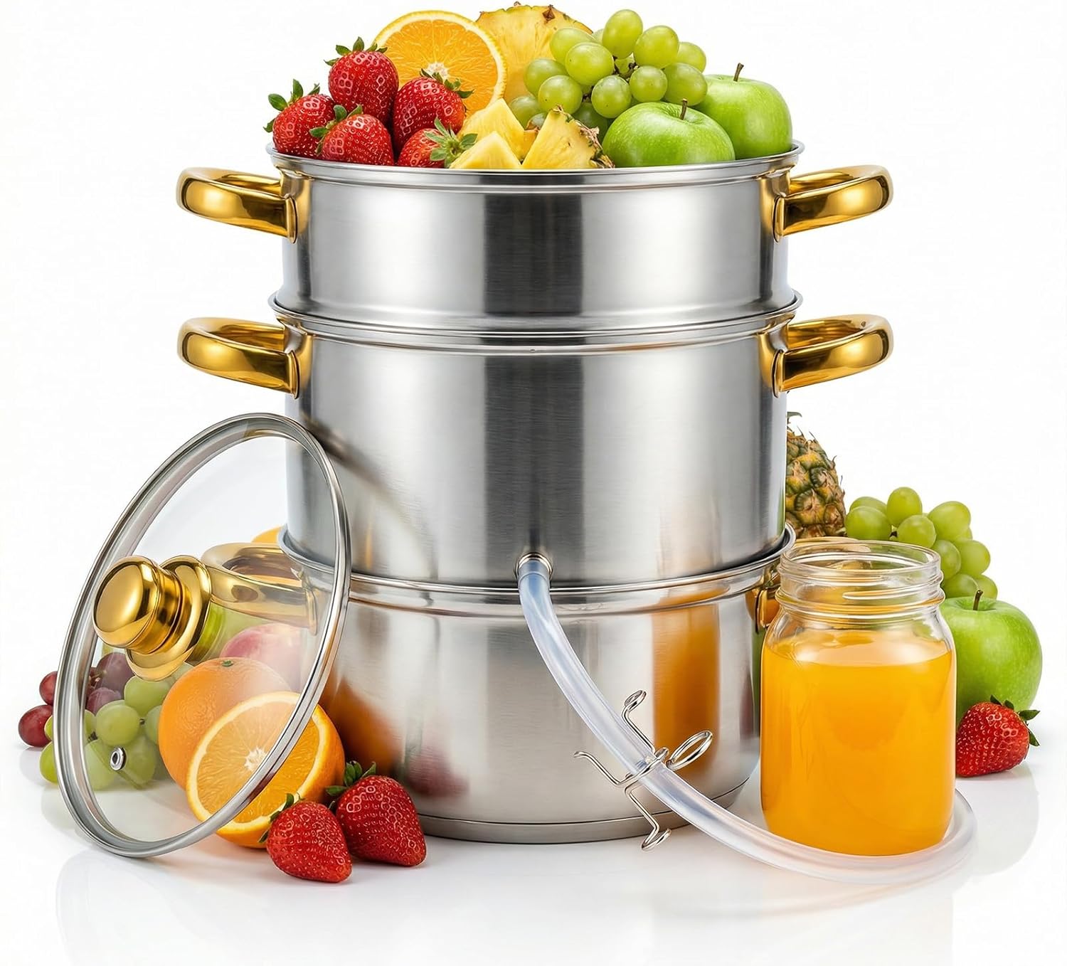 Steam Juicer Extractor Stainless Steel, 5Qt Juice Steamer Pot for Fruit & Vegetables with Glass Lid, Hose, Clamp, Loop Handles, Ideal for Making Fresh Juice, Jelly, and Sauces