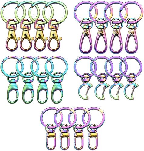 Miniatura 7 de Gancho giratorio de clip de arco iris con llaveros, 40 cierres de pinza de langosta de 5 estilos, 20 llaveros