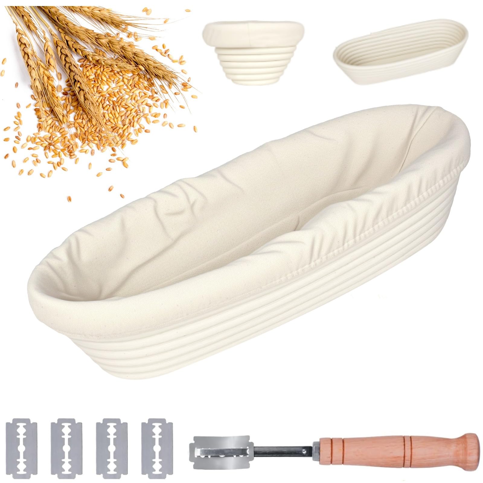 Panier à fermentation ovale de 35 cm - Panier à levain en osier avec toiles en lin - Couteau de boulanger avec 5 lames de rasoir - Ensemble de panier à pâtisserie pour pâtissier, cuire du pain, idéal