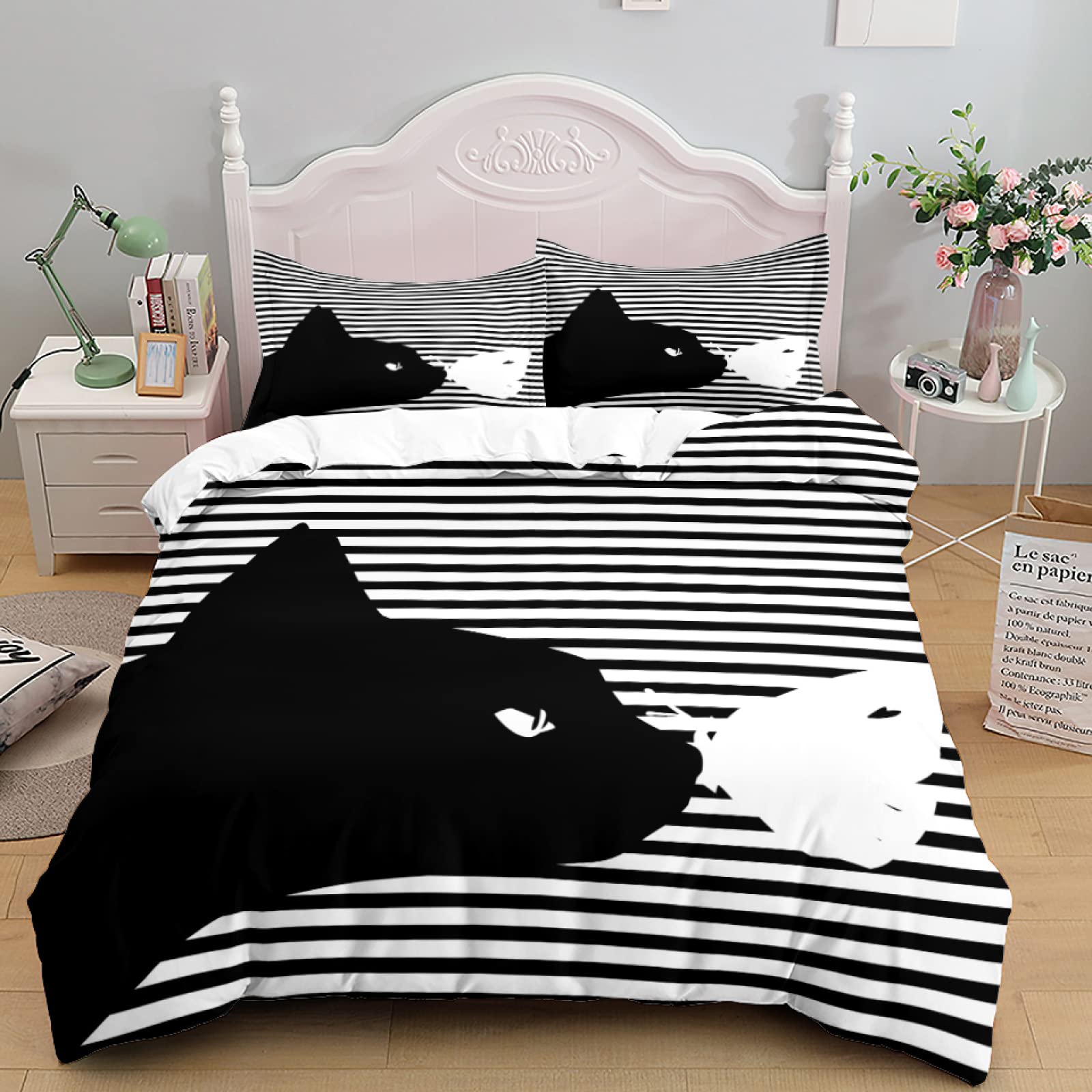Housse de couette 90x190 chaton noir en microfibre douce et facile à laver pour lit d'ado