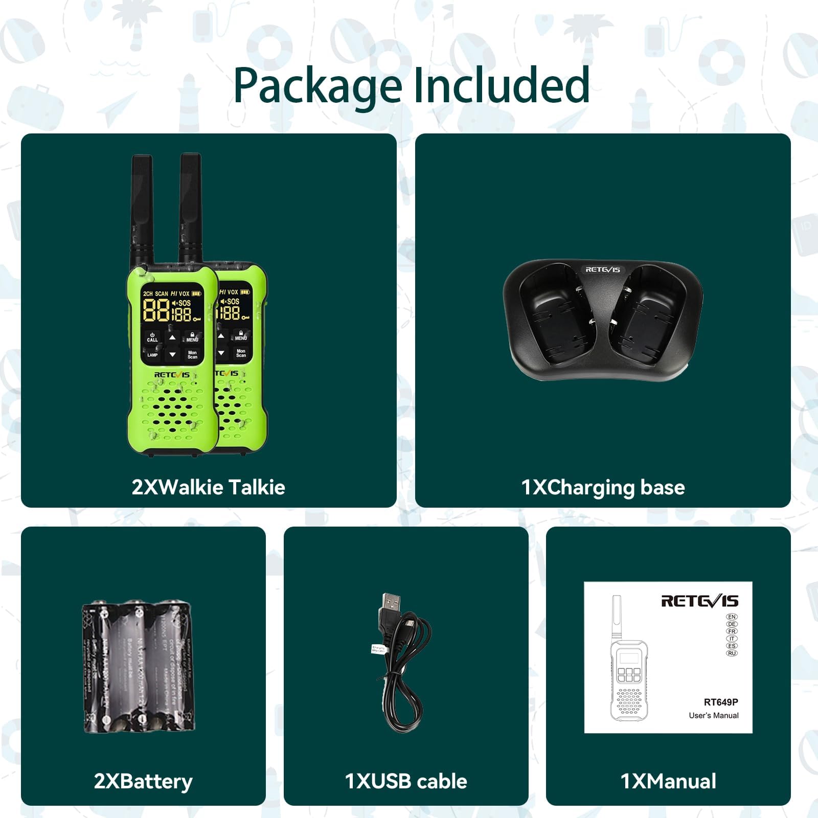 Retevis RT649P IP67 Walkie Talkie Impermeabile Galleggianti Ricaricabili PMR446 16CH Allarme SOS Lungo Raggio 2 Pz
