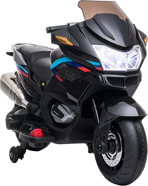 HOMCOM 12V Kids Electric Motorbike w/Training Wheels, Battery Powered Ride On Motorbike for Boys and Girls w/Pedal, Lights, Music, 3-6 KM/H, for Ages 3-8 Years - Black