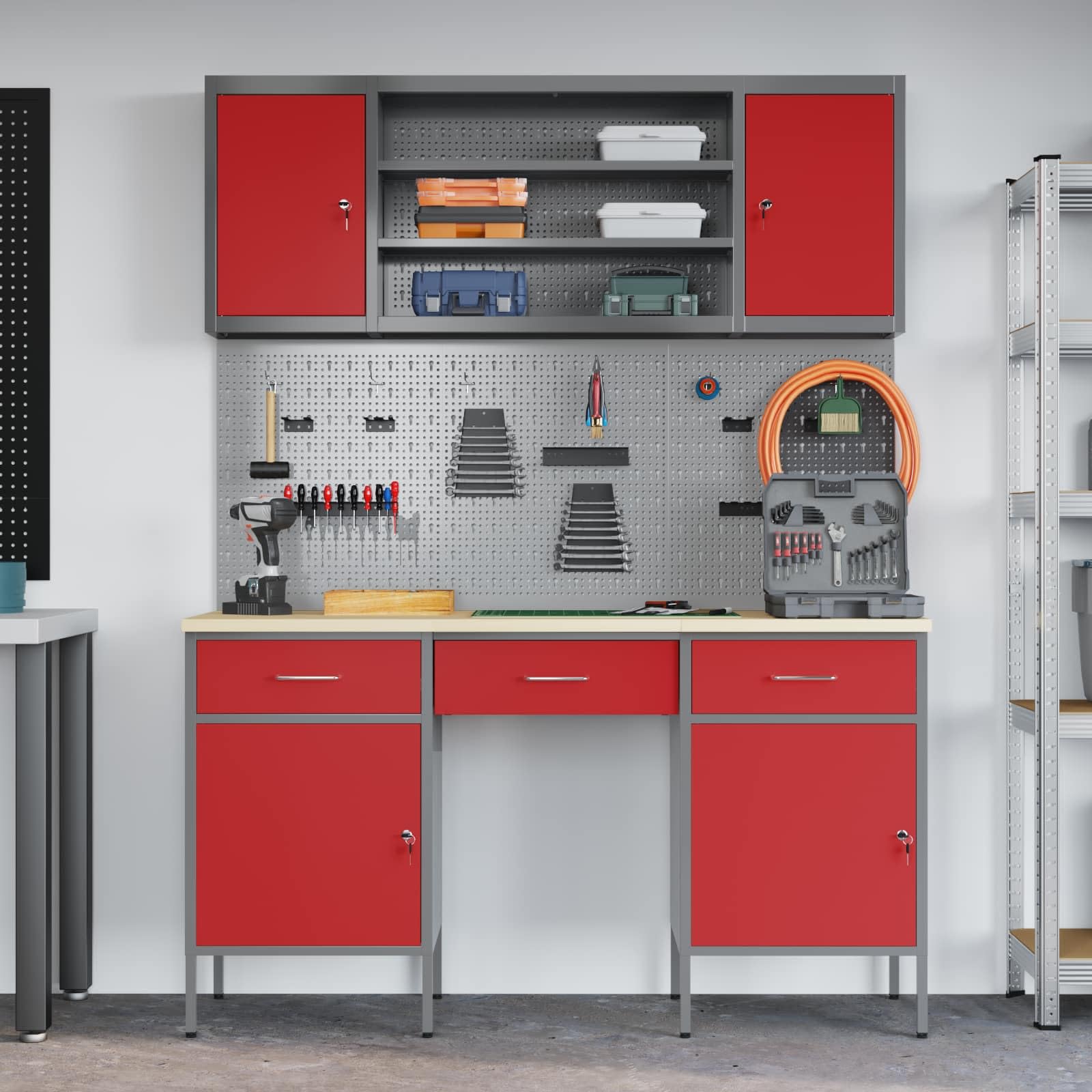 Moderne Werkbank mit 10 Schubladen, rot, aus Holz und Stahl für Werkstatt, robuste Aufbewahrung mit Loft-Design, einfache Montage