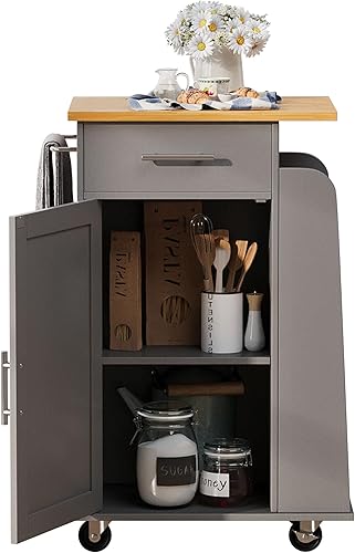 Miniatura 2 de Shintenchi Pequeña isla de cocina con ruedas con estante de especias lateral de 3 niveles y parte superior de madera de goma, carrito con armario de