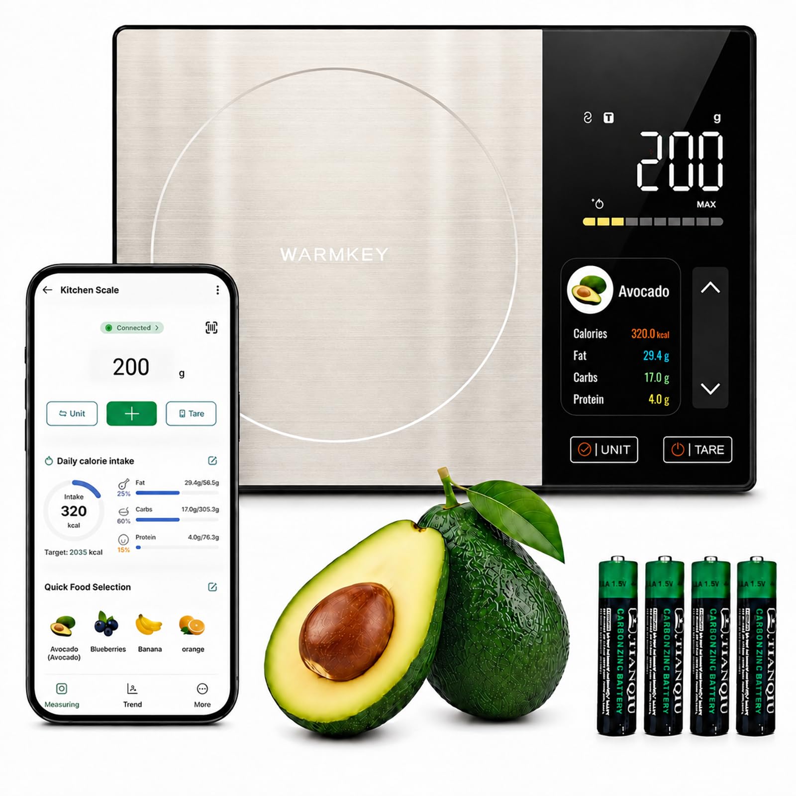 Smarte Ernährungswaage mit TFT-Display & App, Trackt Kalorien/Fett/Kohlenhydrate/Protein, 1g Präzision, 5kg/11lb, 50 Lebensmittel & 24 Nährstoffe, Digitale Küchenwaage für Meal Prep